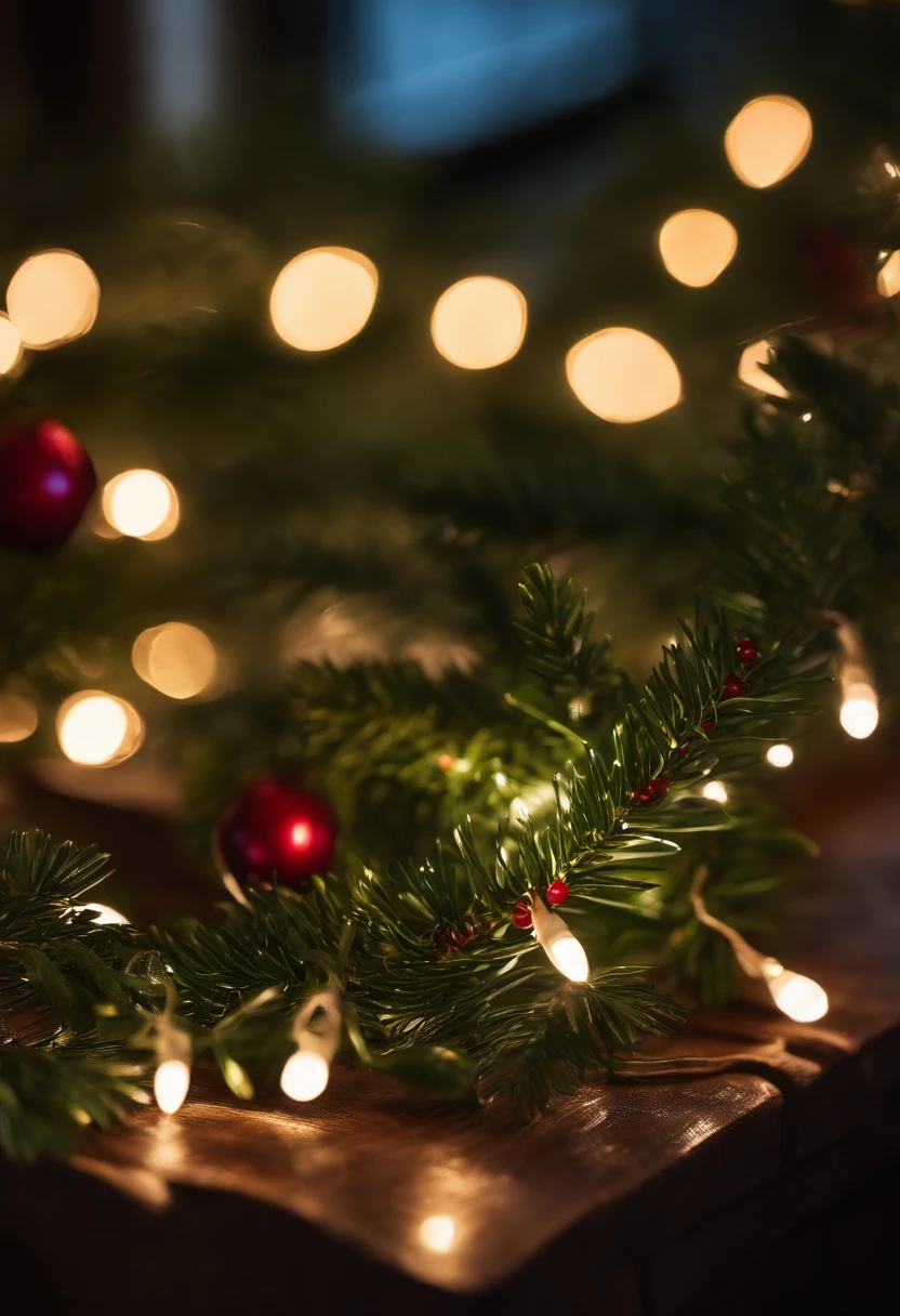 An artistic image of fairy lights intertwined with greenery, such as pine branches and holly leaves, evoking a natural and enchanting holiday atmosphere.
