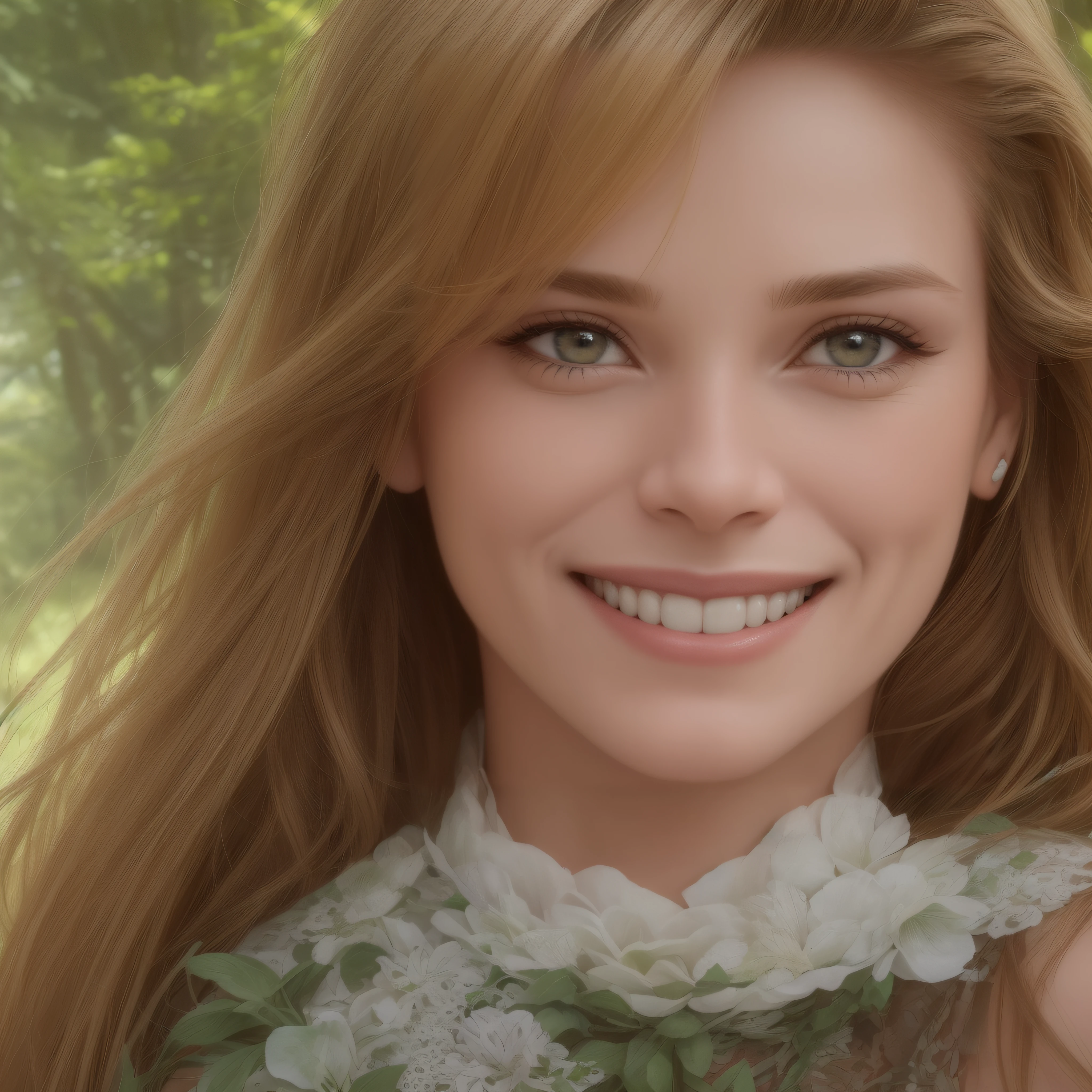 Kyra Sedgwick, smiling a big, toothy smile, close-up, facial portrait, in the forest next to a waterfall, professional quality digital photograph, 32k UHD, hyper realistic, photorealistic, realistic, extremely colorful, highly detailed, sharp, vibrant, masterpiece, best quality, intricate details, gorgeous, cinematic, vibrant, focused, clear
