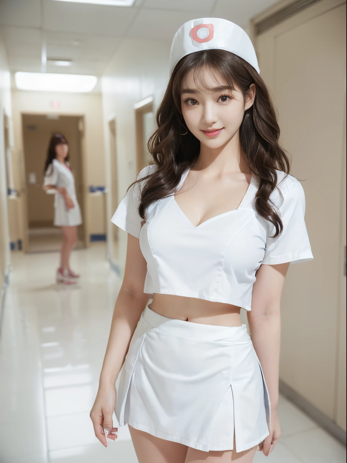 ((((top-quality))))、(((Ultra Precision CG16K Wallpapers)))、(((​masterpiece)))、(((ultra-detailliert)))、(((Ultra-extreme details)))、One woman、a matural female、a 25yo woman、((Korean Face))、((extremely beautiful face))、((Korean Idols:1.8))、((Semi-long cut、curly hair:1.2))、(shinny hair)、Bangs up to the eyebrows、Beautiful brown hair、Beautiful delicate eyes、Brown eyes、raised eyebrows、lofty nose、small nostrils、seductive lips、slightly open mouth、Beautiful breasts、C-cup size breasts、cleavage of the breast、Plump body、perfectly proportions、perfect anatomia、Beautiful and detailed shading、Beautiful natural lighting、Beautiful detail glow、depth of fields、(((a high chroma)))、((realisitic:1.9))、((Vivid：1.4))、((Beautiful skin))、((Skin texture))、((Realistic skin feeling))、perfect-composition、((cowboy  shot))、((Angle of view from the front))、((a smile:1.2))、(Eyes looking at me)、Bright sunshine、((Hospital corridor:1.2))、(Blur the background)、((Wearing white nurse uniform、a miniskirt:1.5))、