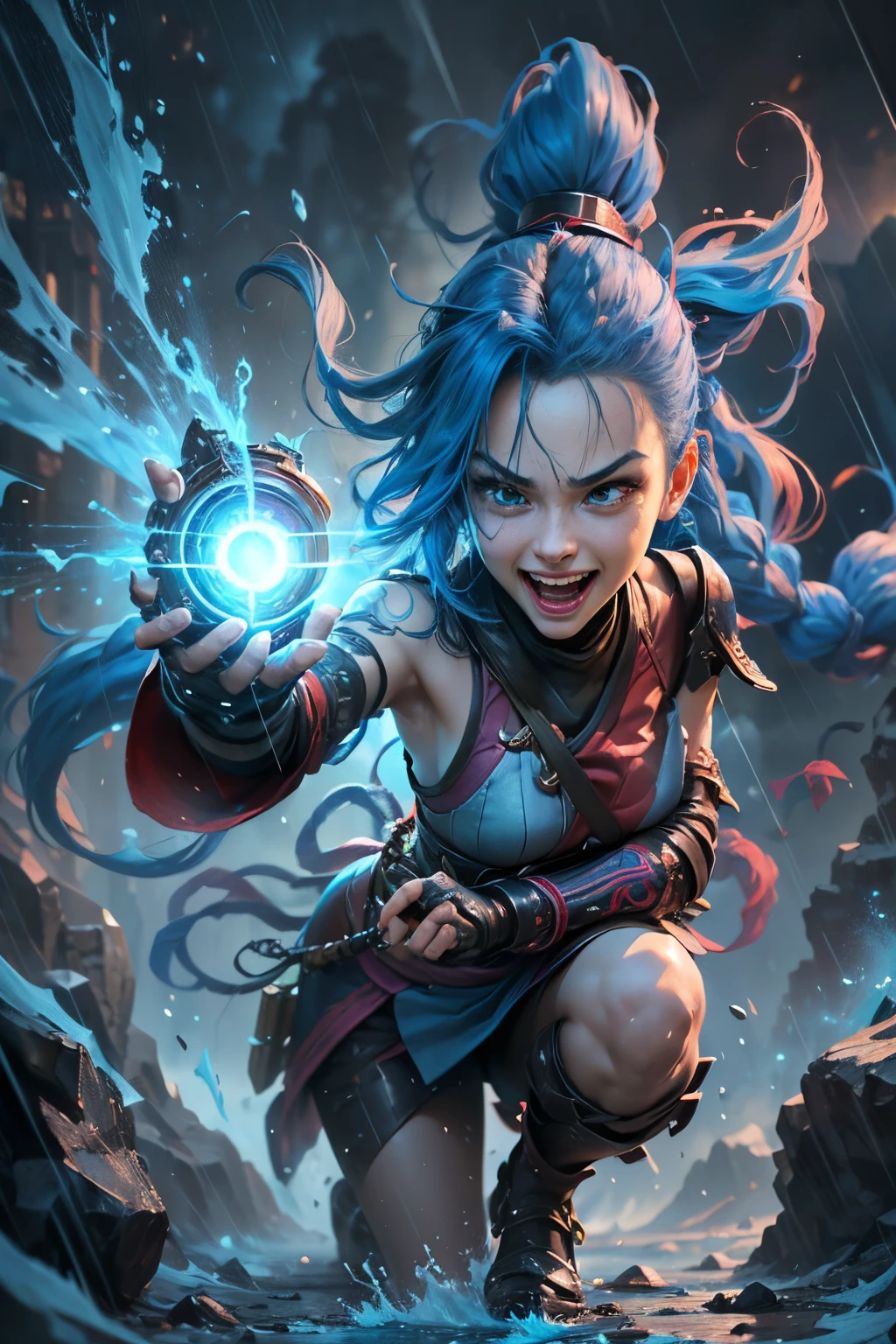 (Long-range shooting: 1.5), jinx \(league of legends\), (1girl，League of Legends Jinx)，(red color eyes: 1.2, crazy laughter, Blue double ponytail hair: 1.5)，Kungfu，Wearing Doctor Strange costume，(Holding a particle laser cannon in hand，a revolver)，Aoshu crystal, Attack status，(Snowy mountain woods，surrounded by rain，League of Legends Game World)，Illustration style，The whole body is exposed to the rain for a long time，(exquisite facial features，Perfect hand features)，martial arts style，(Selective focusing，full body shot of，tmasterpiece，ultra - detailed，Epic work，highest  quality，8k，panorama, first-person view, atmospheric perspective, UHD, masterpiece, ccurate, anatomically correct, textured skin, high details, award winning, best quality)