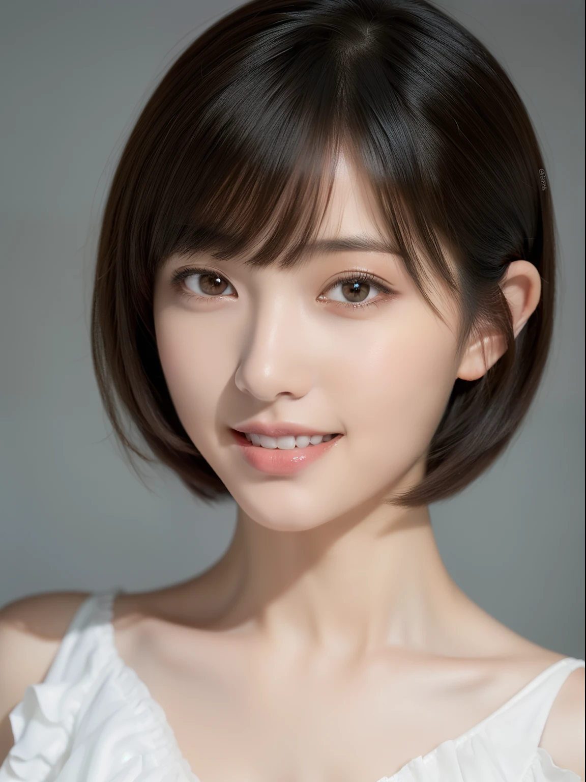 (top-quality, ​masterpiece, hight resolution), Beautiful 18 year old woman。She wears a white off-the-shoulder with white ruffles that only hide her breasts。kindly smile、Show your teeth a little。Short Bob Hair Straight、(Voluminous short bob、Trimming the bob、straight haired、Straight bangs、On-eyebrow bangs)、Bob with only one ear out、foco nítido、(电影灯光)、鎖骨、ear ornament、a necklace、Light gray background