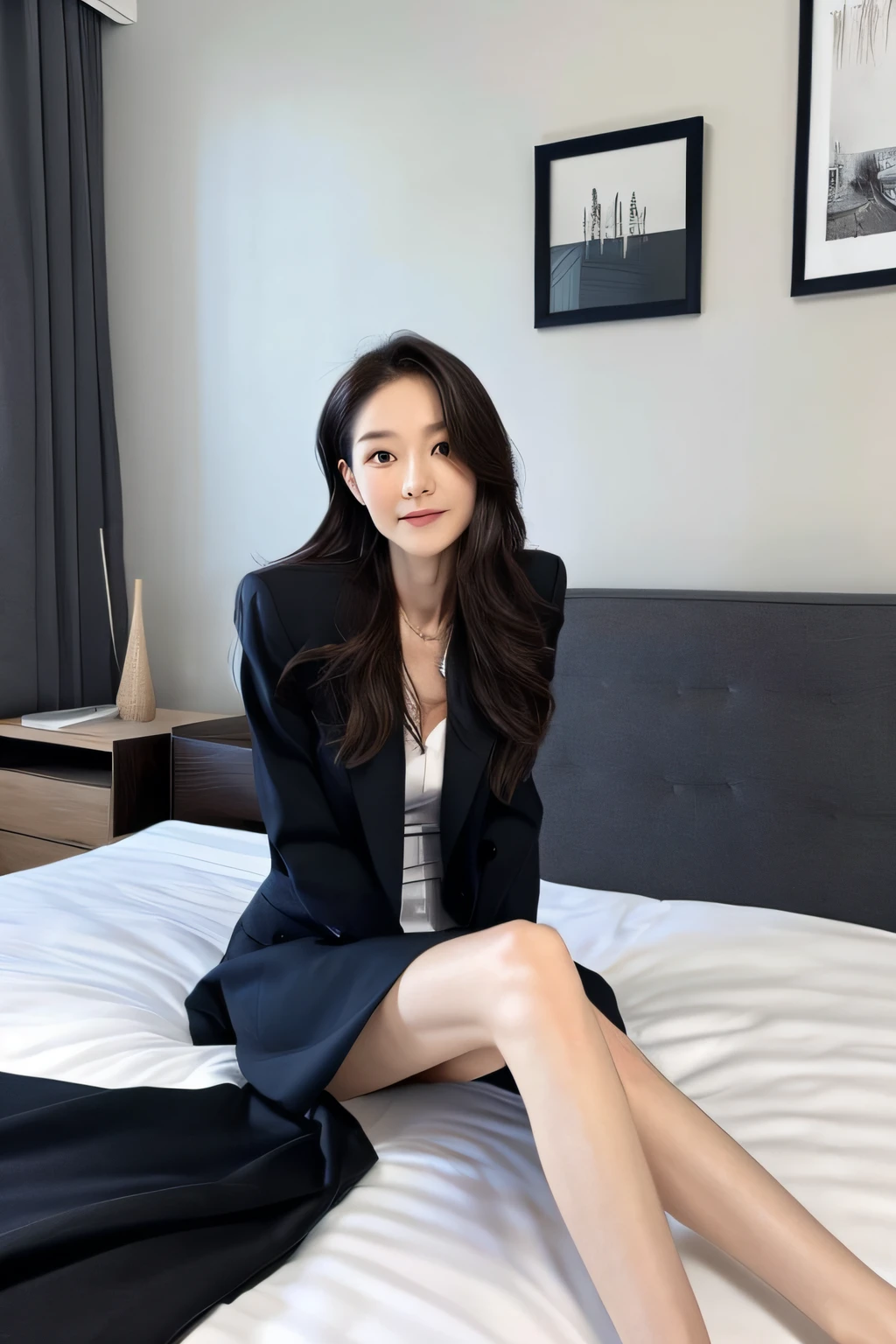 a skinny woman wearing a suit is sitting on a bed, 40 years old woman, straight long hair, small waist, slender legs, posing for a camera