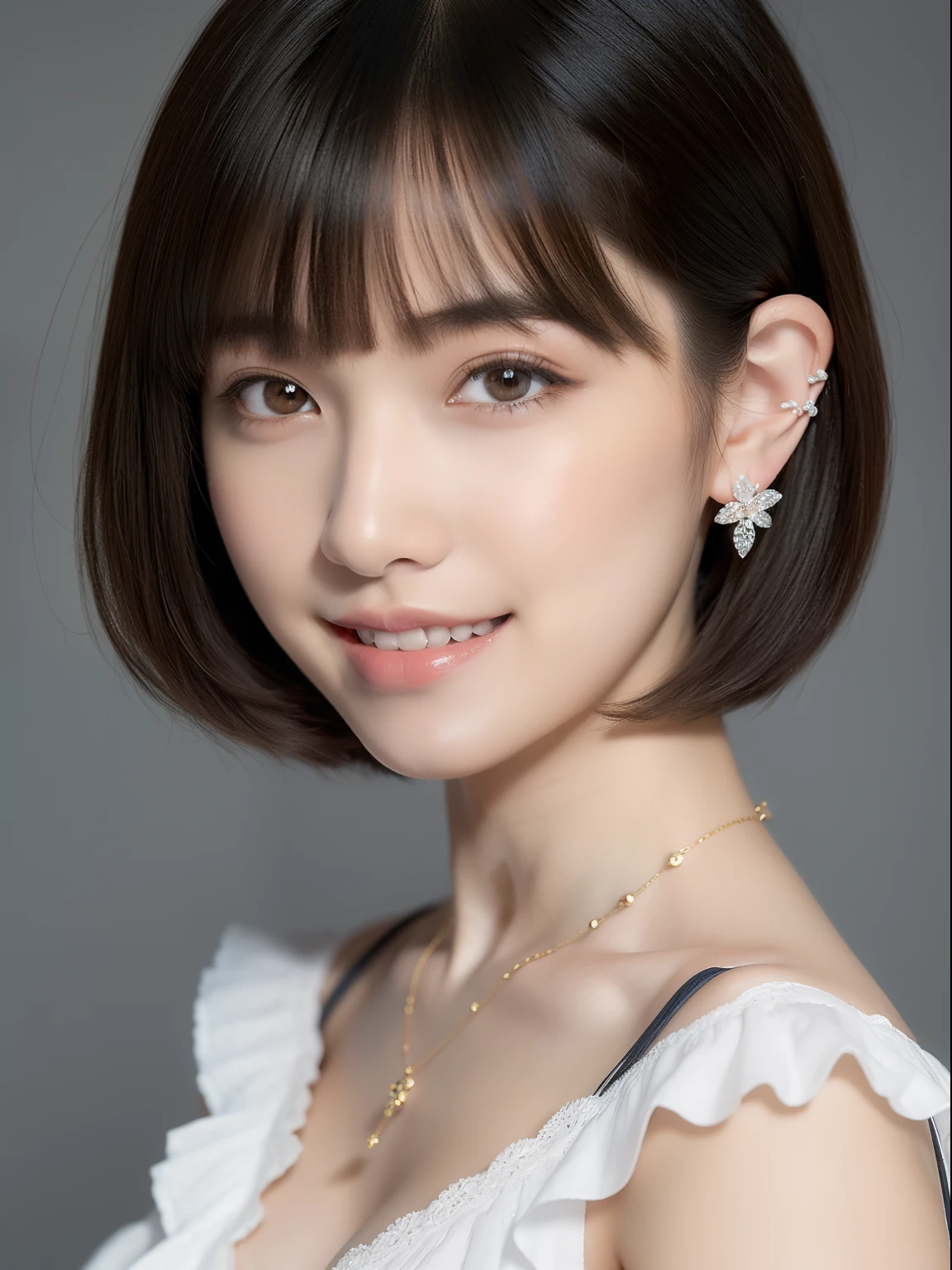 (top-quality, ​masterpiece, hight resolution), Beautiful 18 year old woman。She wears a white off-the-shoulder with white ruffles that only hide her breasts。kindly smile、Show your teeth a little。Short Bob Hair Straight、(Voluminous short bob、Trimming the bob、straight haired、Straight bangs、On-eyebrow bangs)、Bob with only one ear out、foco nítido、(电影灯光)、鎖骨、ear ornament、a necklace、Light gray background