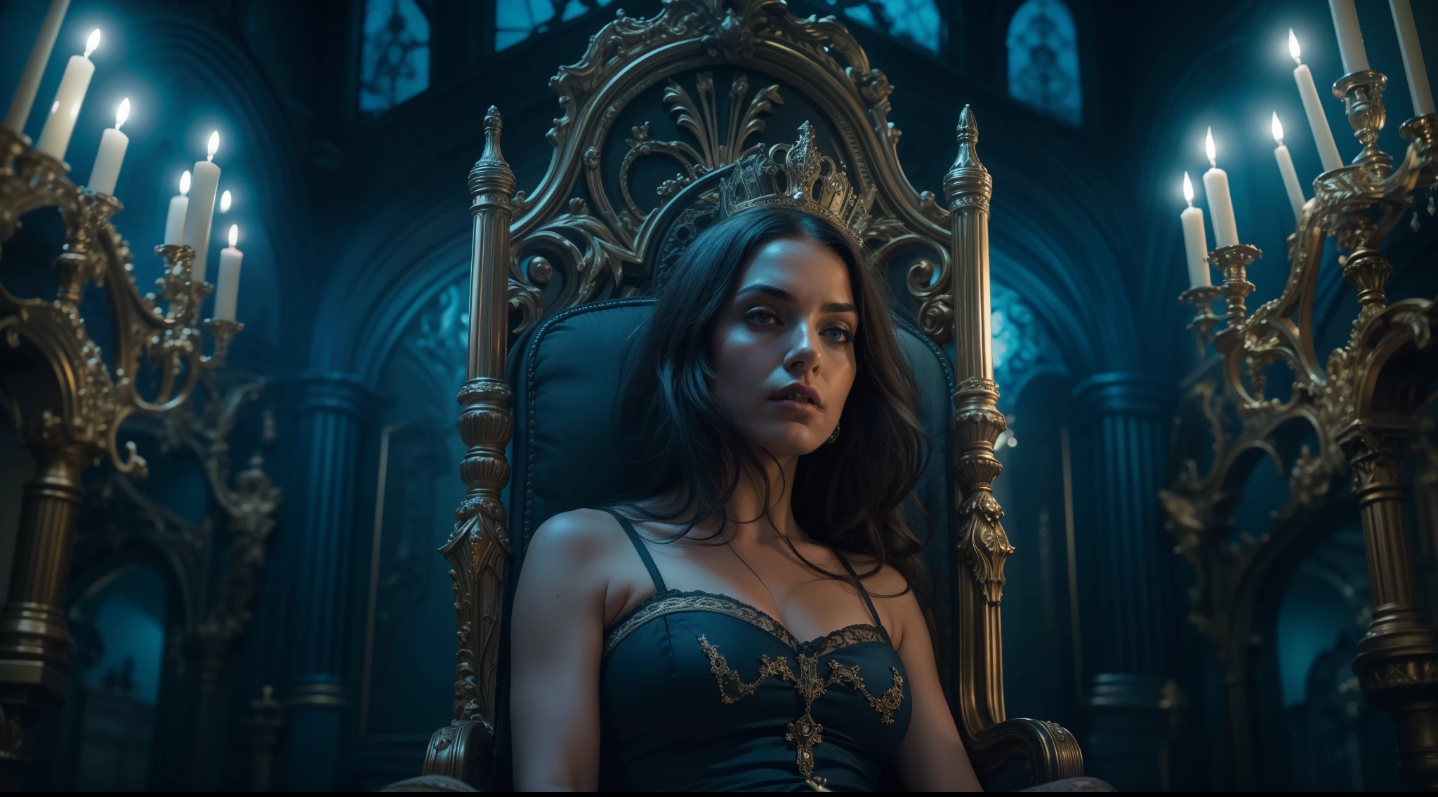 A portrait of a mysterious woman sitting in an ornate, gothic throne room, with subtle elements of fantasy and magical realism, painted with the dark and dramatic style of the Baroque period, high quality, ultra detail, creepy atmosphere, Prores lense, extreme close up shot, blue color grading, cinemascope, natural light, Dynamic shadows, horror film, high quality, ultra detail, 8k, Panavision DXL2 camera,