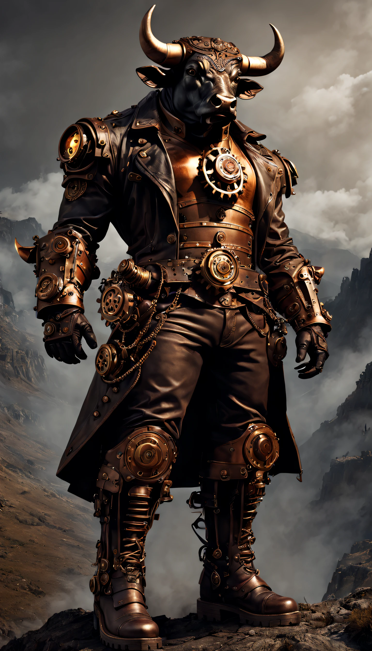steampunc，((Anthropomorphic bull))，musculous，Steampunk clothing，Mechanical gears integrated into clothing，Intricate patterns on clothing，sturdy leather boots，Steam power accessories，Brass buttons and buckles、copper accents、metal arm gloves、Gears and cogs protruding from the arms、standing on top of a mountain，Smoke and steam emitted by characters、melancholy lighting、Dark and atmospheric background、Rusty metal texture、Vintage color palette、Tough and rugged aesthetic、Energetic posture、Art Nouveau inspiration，dramatic shadow，intricate tattoos。（best qualtiy，4k，8k，Tall structures，tmasterpiece：1.2）。