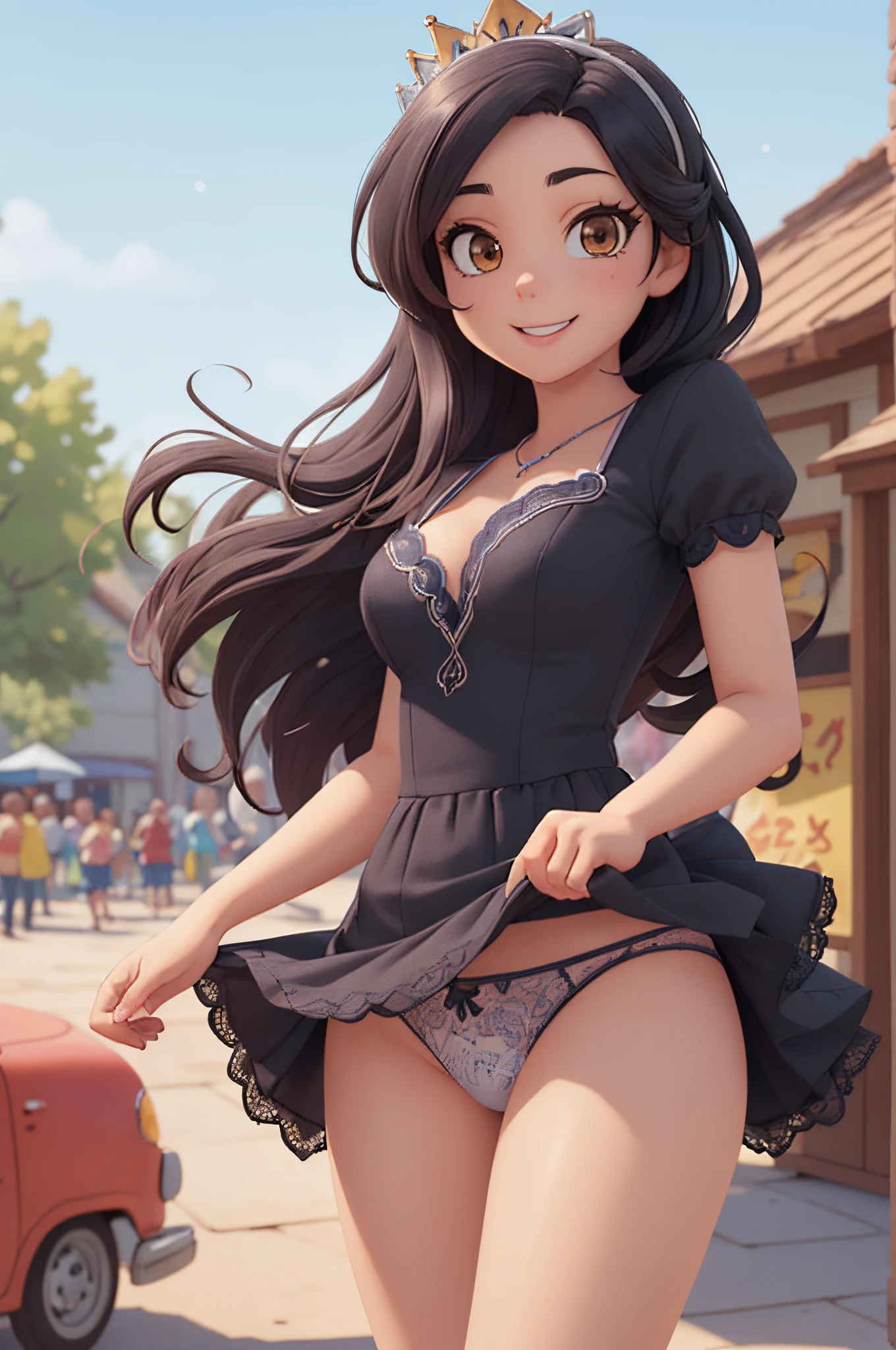 (masutepiece, Best Quality, ultra-detailliert), (high detailing, Hyper Detailed), Beautiful 25 year old girl at the amusement park, Happy, Adult female body, Small ???????, Provocative body, Black hair, Long straight hair、tome'The edges are a little dirty, Dress up like a Disney princess, black dress with blue details,(Neat long skirt)、 Silver crown, Detailed face, Clear focus, Help the villagers in town (mess - house: 0.8), (masutepiece: 1.2) ( Realistic: 1.2) (Bokeh) (Best Quality) (Detailed appearance: 1.3) (Intricate details) (8K) (Eye Detail) (Sharp Focus), (Happy)、((Strong wind from below))、((up skirt))、(big ???????)、((Lace pantie))、(((very ?????? panties)))