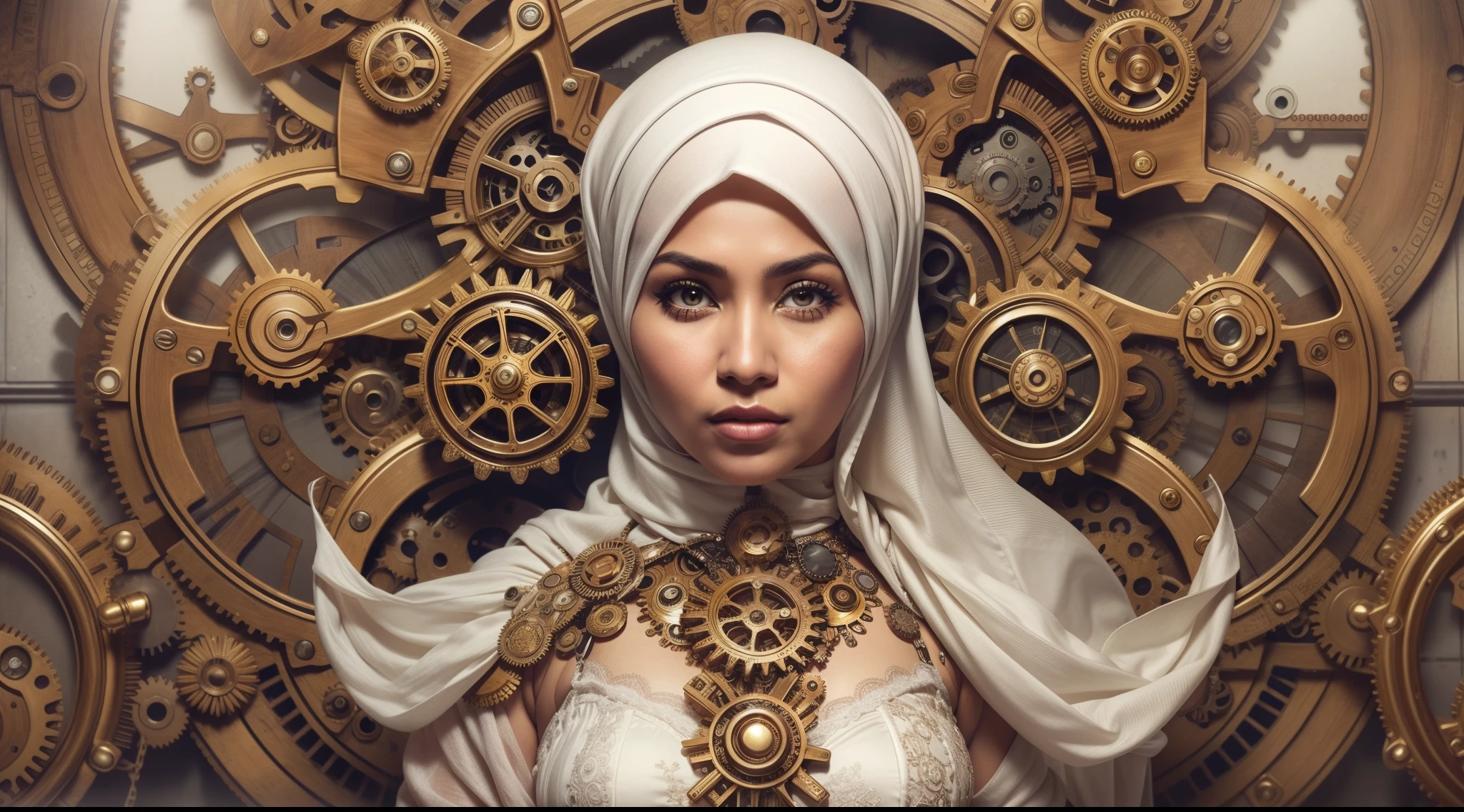 Design a steampunk-inspired portrait where the Malay woman in hijab wears a Victorian-era corset and gears-adorned attire, white hijab, surrounded by intricate steampunk machinery, symbolizing creativity and innovation,