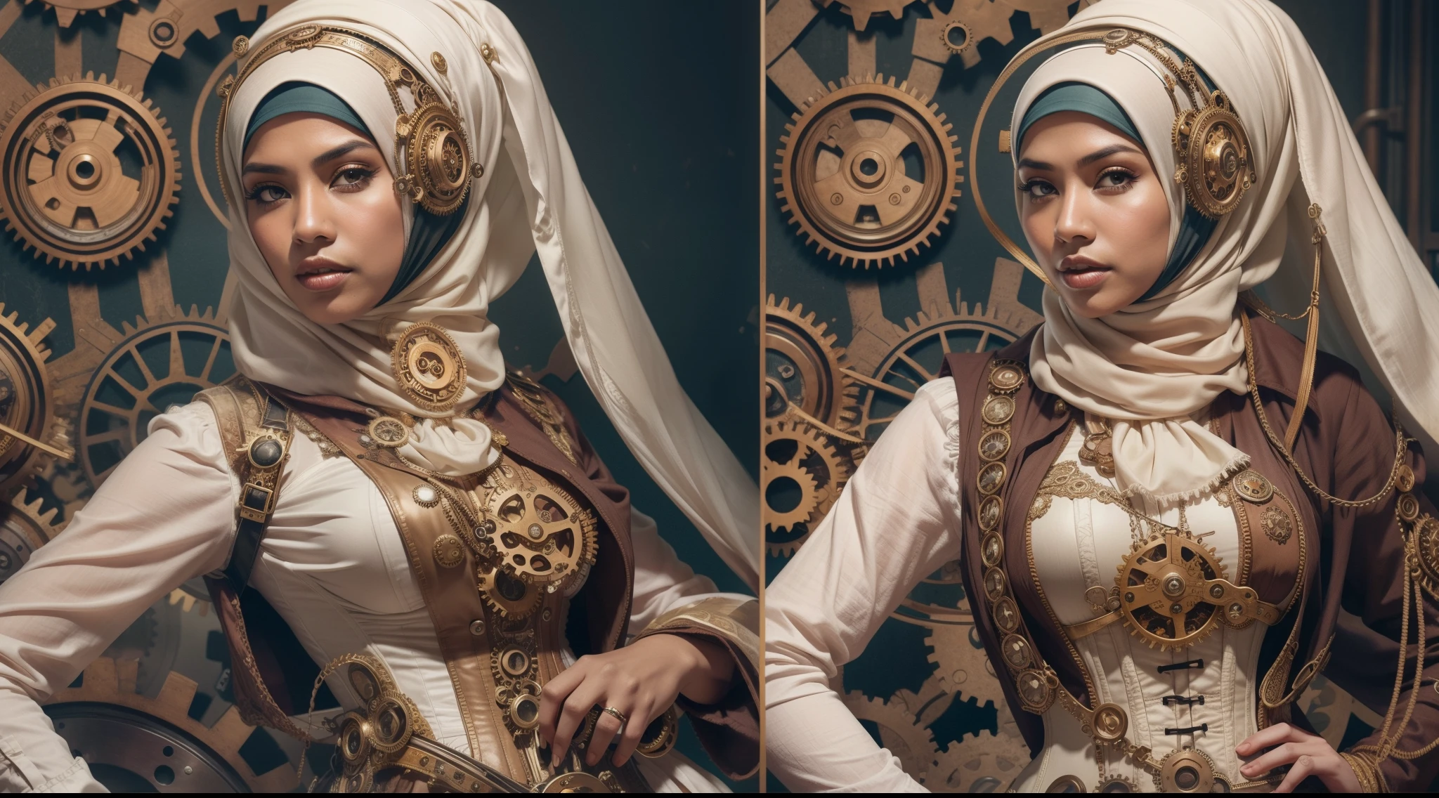 Design a steampunk-inspired portrait where the Malay woman in hijab wears a Victorian-era corset and gears-adorned attire, white hijab, surrounded by intricate steampunk machinery, symbolizing creativity and innovation,