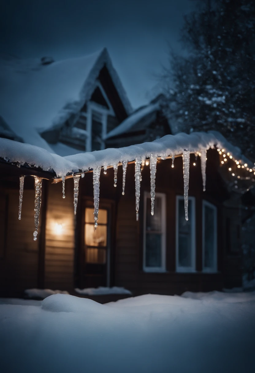 A high-resolution photograph of icicle lights hanging from the eaves of a house, with shimmering drops of faux ice reflecting the surrounding winter landscape.