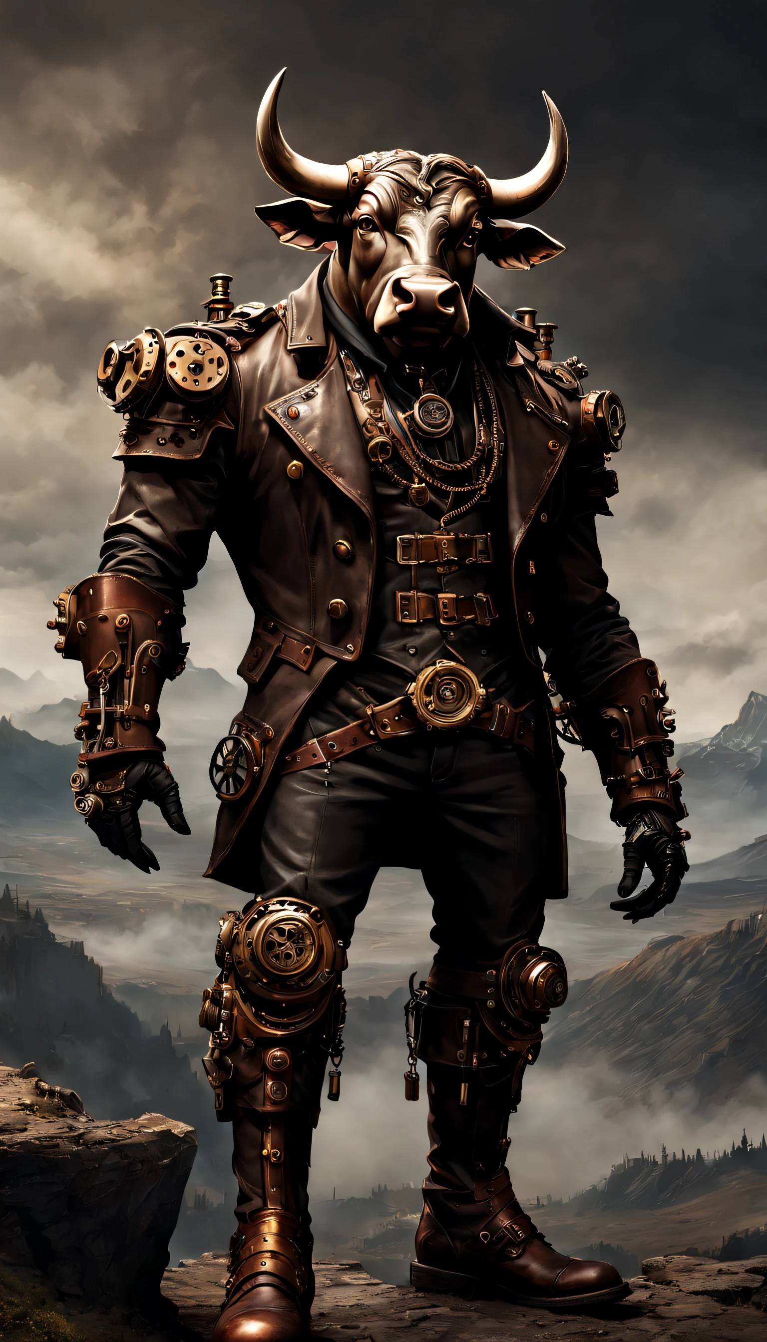 steampunc,((Anthropomorphic bull)),musculous,Steampunk clothing,Mechanical gears integrated into clothing,Intricate patterns on clothing,sturdy leather boots,Steam power accessories,Brass buttons and buckles、copper accents、metal arm gloves、Gears and cogs protruding from the arms、standing on top of a mountain,Smoke and steam emitted by characters、melancholy lighting、Dark and atmospheric background、Rusty metal texture、Vintage color palette、Tough and rugged aesthetic、Energetic posture、Art Nouveau inspiration,dramatic shadow,intricate tattoos。(best qualtiy,4k,8k,Tall structures,tmasterpiece:1.2)。
