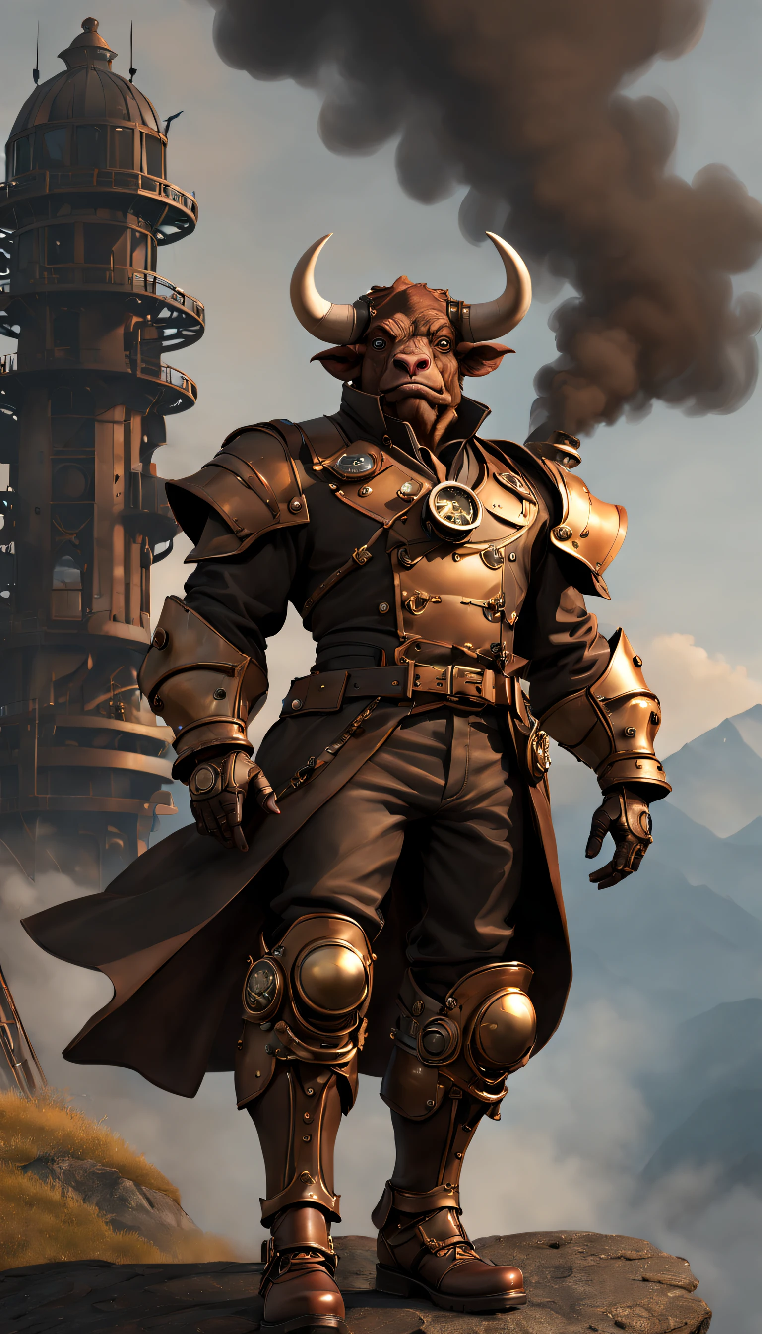 steampunc,((Anthropomorphic bull)),musculous,Steampunk clothing,Mechanical gears integrated into clothing,Intricate patterns on clothing,sturdy leather boots,Steam power accessories,Brass buttons and buckles、copper accents、metal arm gloves、Gears and cogs protruding from the arms、standing on top of a mountain,Smoke and steam emitted by characters、melancholy lighting、Dark and atmospheric background、Rusty metal texture、Vintage color palette、Tough and rugged aesthetic、Energetic posture、Art Nouveau inspiration,dramatic shadow,intricate tattoos。(best qualtiy,4k,8k,Tall structures,tmasterpiece:1.2),super-fine,(realisticlying,photograph realistic,photoreali:1.37)。