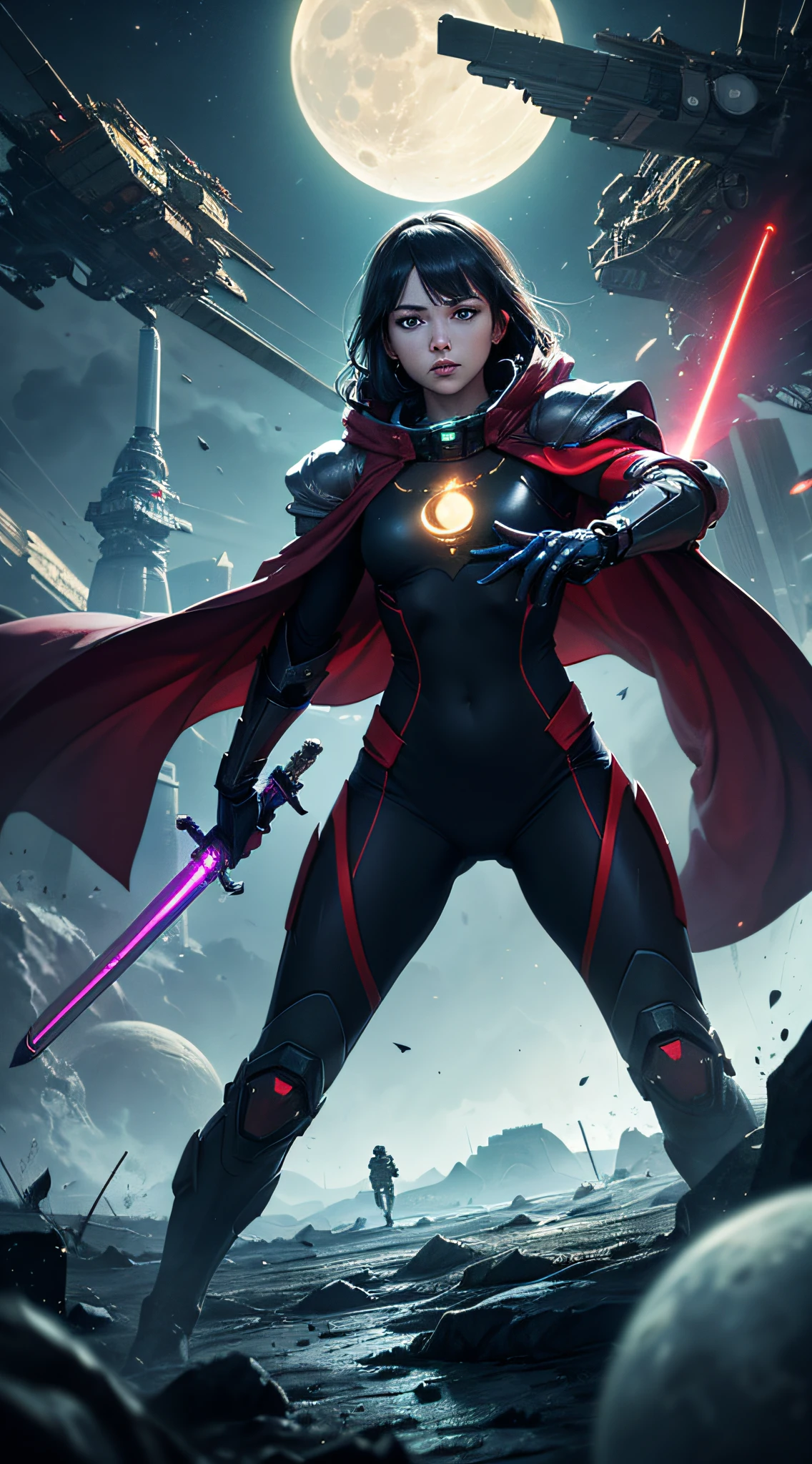 top-quality、Top image quality、masterpiece、hiquality、Beautiful Art、masutepiece、visualart、depth of fields、male people((in her 20s、well-muscled、Black and red bodysuit、shout、Laser sword dual wielding、Glowing chest、mechanical cloak、blue eyess、Planktonic)),Background with((Lunar base、battle field),