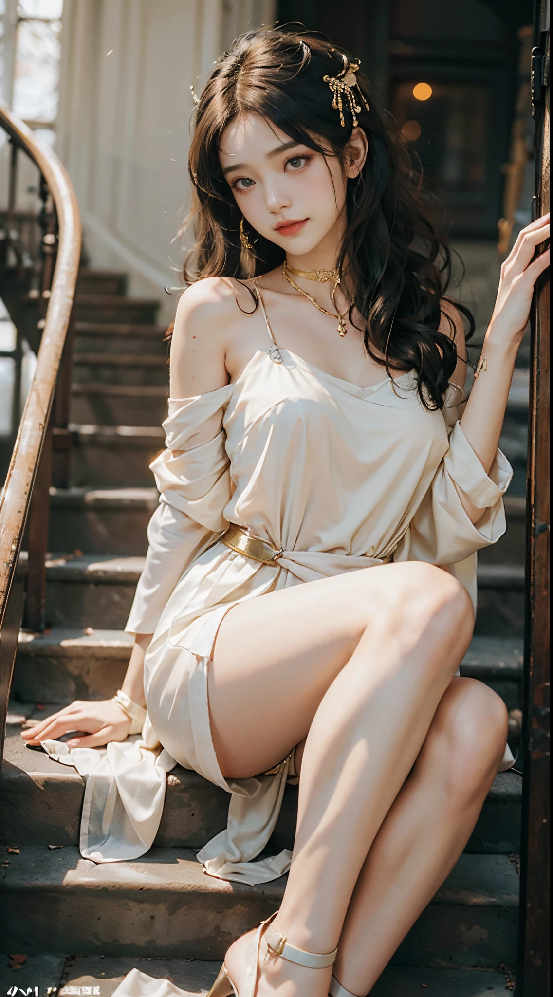 absurderes, Raw photo, Extremely delicate and beautiful, masutepiece, Best Quality, Ultra High Resolution, 16K, hyper realisitic, Ultra-detailed, Perfect Anatomy, Ultra-detailed細なスキン, Perfect figure, Very detailed CG 8k wallpaper, in her 20s, Very slim body, Narrow waist, Very small head, Very small face, Delicate facial features, tear moles, Earring, thin legs, (very massive round chest), Girls, Full body shot, Short hair, Wavy Hair, ((Business Suit)), Blouse, Skirt, Bare shoulder,
information