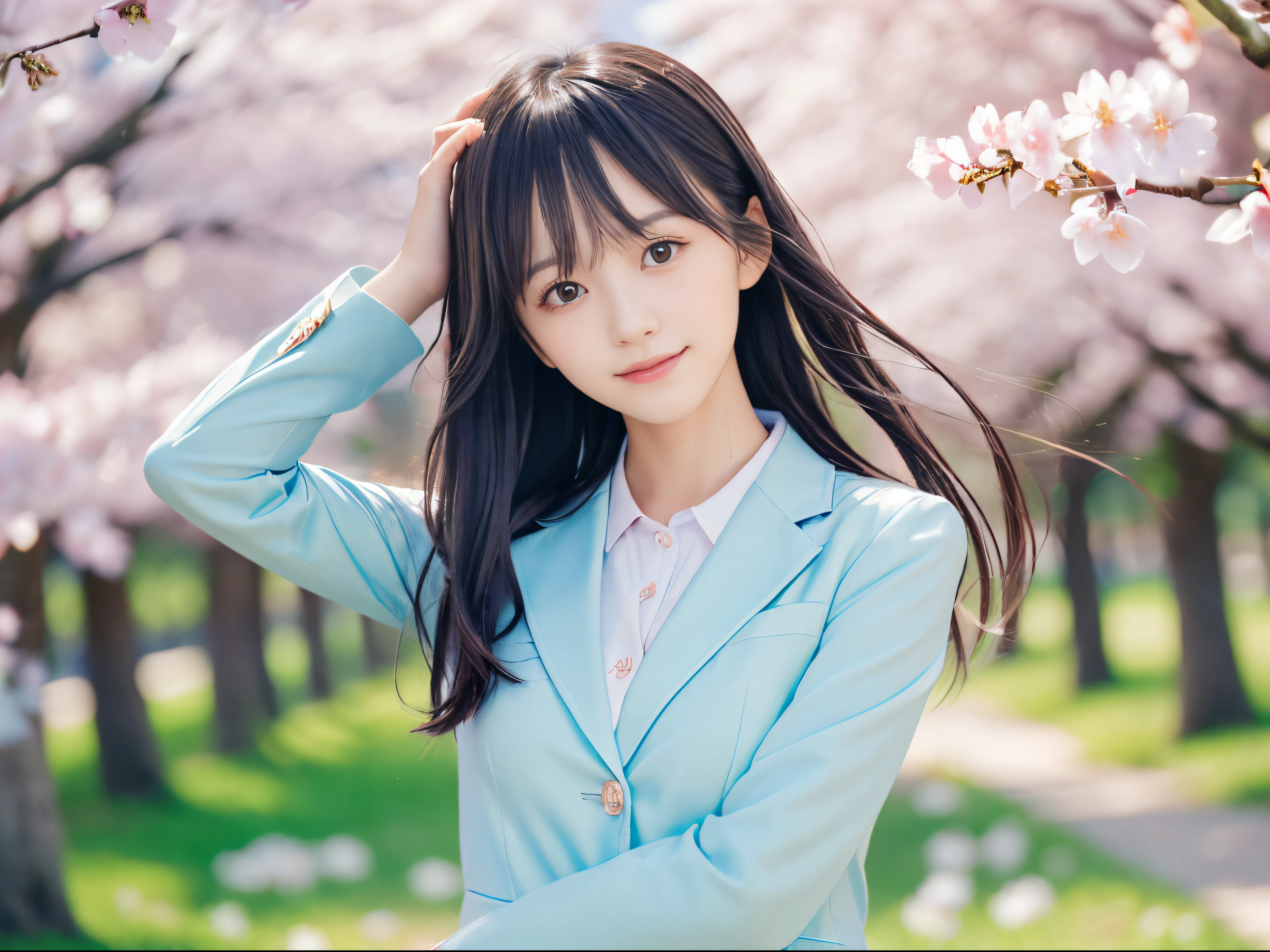 (Close up portrait of slender small breasts two side up hair girl in pastel colored jacket and shirts:1.5)、(A girl open her arms wide with small smile and her hair fluttering :1.5)、(Rows of cherry blossom trees in full bloom and cherry blossom petals dancing in the wind:1.5)、(Blurry background,:1.5)、(Perfect Anatomy:1.3)、(No mask:1.3)、(complete fingers:1.3)、Photorealistic、Photography、masutepiece、top-quality、High resolution, delicate and pretty、face perfect、Beautiful detailed eyes、Fair skin、Real Human Skin、pores、((thin legs))、(Dark hair)
