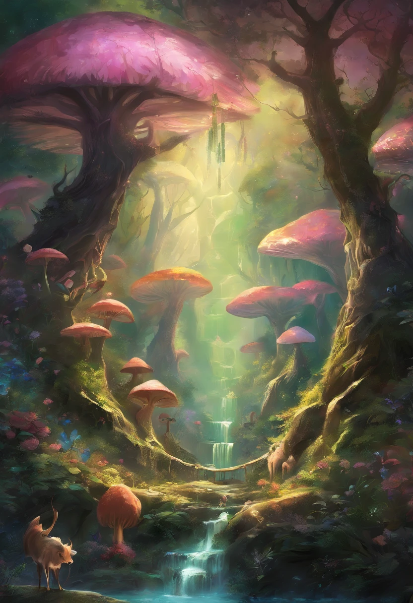 （Enchanted Forest 7，Magical creatures，（Glowing mushrooms），Sparkling waterfalls，Fantasy，Leonora Carrington，Forest of Illusions，Hazy perspective，The tree々Sunlight coming in from between，（Shining sika deer），Rich in color，assignment，光影效果，K HD，tmasterpiece，Detailed details，depth of field fairy