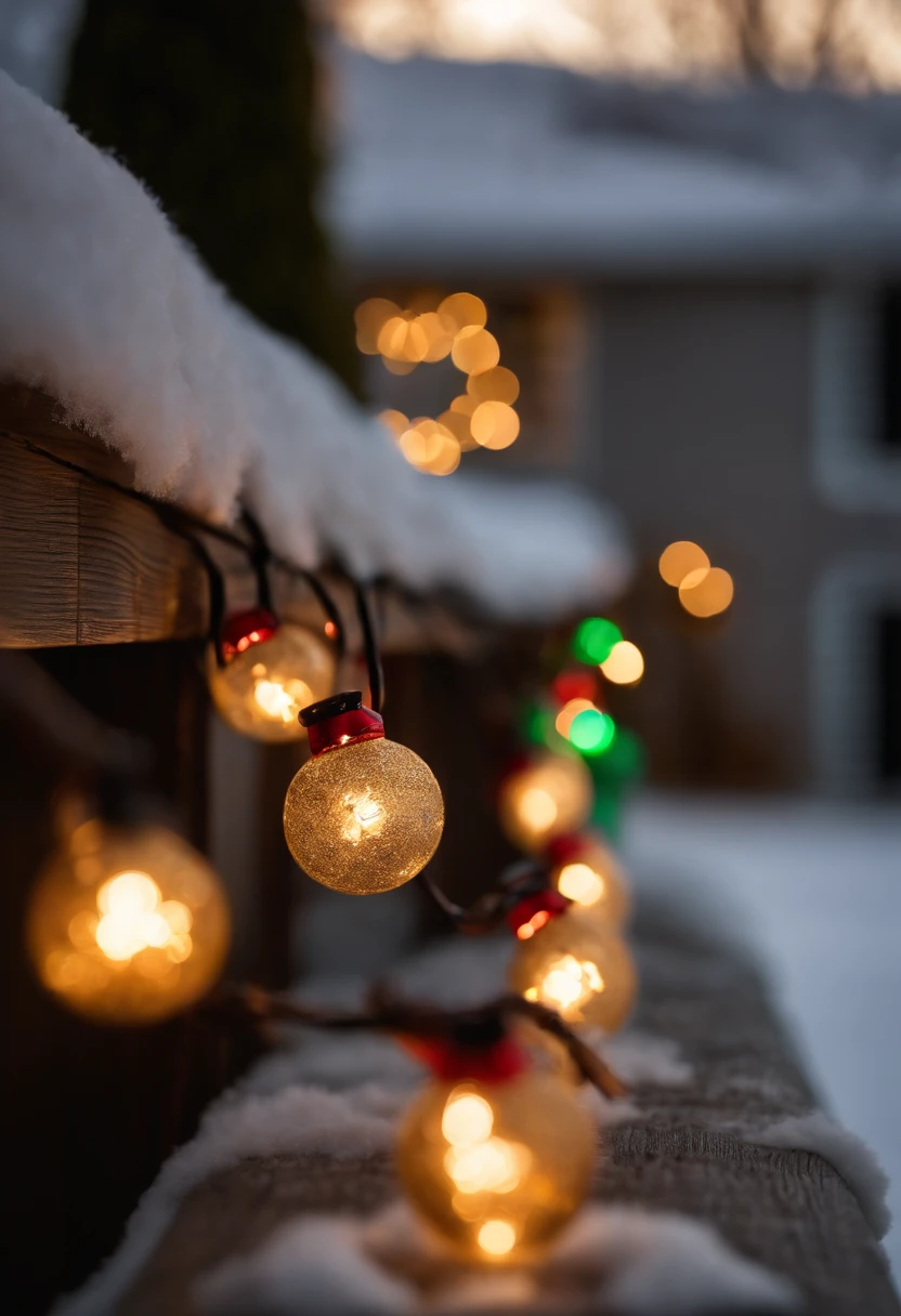A detailed shot of Christmas lights wrapped around a porch railing, illuminating a cozy seating area and creating a charming spot for outdoor holiday gatherings.