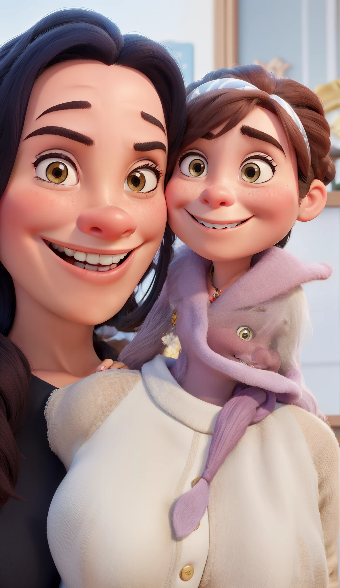 A Woman Smiling with a Serious Girl Disney Pixar Style, alta qualidade, melhor qualidade