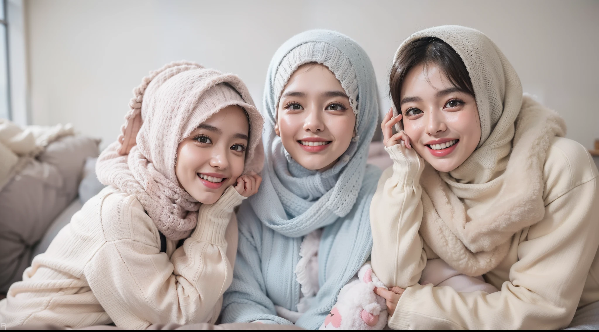 3 malay girls, (happy smile, laughing: 1.3), 8k, RAW portrait of malay girls with pompom plain hijab, 80mm, ultra high resolution, top quality, wear knitted pyjamas, top view, (looking up at the viewer from below), big, modern grey pastel living room, bed, sitting on fluffy couch with many big cute pillow, many cute pillow, break (natural skin texture, detailed skin, hyper-realism, super sharpness), intricate details, high resolution, natural light, cheerful environment, bright lighting, high quality, ultra detail, 8k, extreme close up shot, pastel color grading, bokeh,