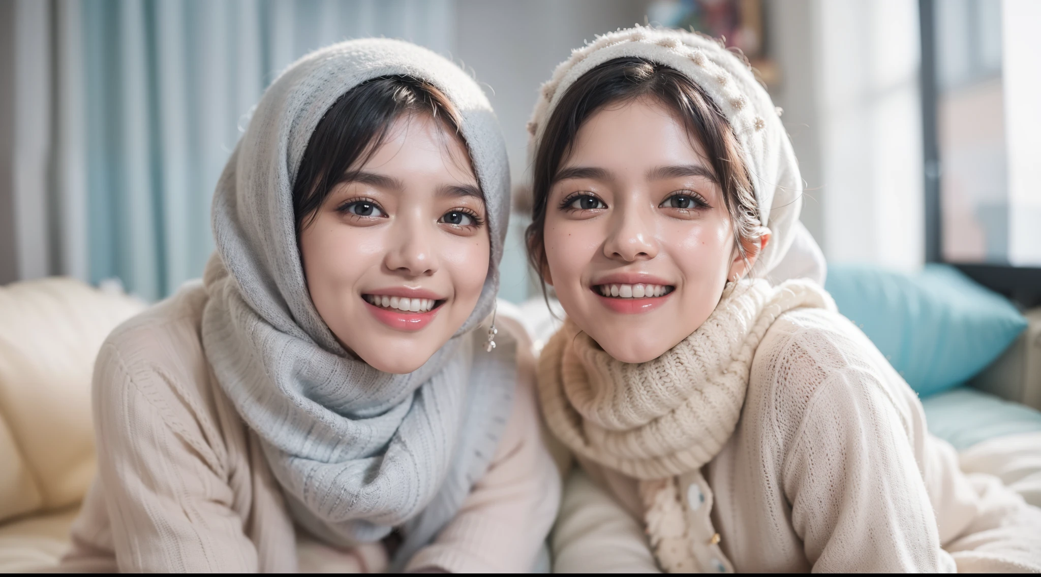 3 malay girls, (happy smile, laughing: 1.3), 8k, RAW portrait of malay girls with pompom plain hijab, 80mm, ultra high resolution, top quality, wear knitted pyjamas, top view, (looking up at the viewer from below), big, modern grey pastel living room, bed, sitting on fluffy couch with many big cute pillow, many cute pillow, break (natural skin texture, detailed skin, hyper-realism, super sharpness), intricate details, high resolution, natural light, cheerful environment, bright lighting, high quality, ultra detail, 8k, extreme close up shot, pastel color grading, bokeh,