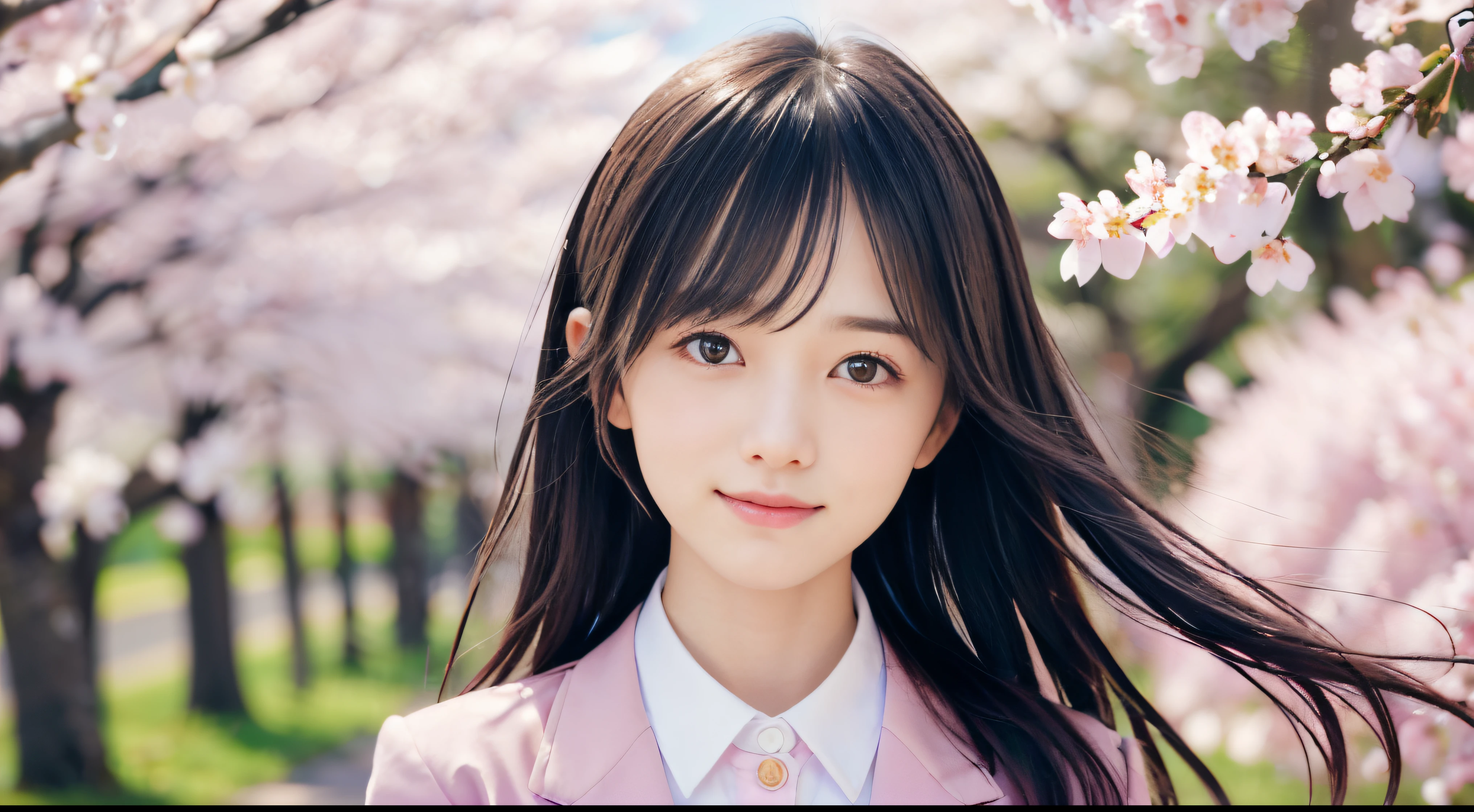 (Close up portrait of slender small breasts two side up hair girl in pastel colored jacket and shirts:1.5)、(A girl open her arms wide with small smile and her hair fluttering :1.5)、(Rows of cherry blossom trees in full bloom and cherry blossom petals dancing in the wind:1.5)、(Blurry background,:1.5)、(Perfect Anatomy:1.3)、(No mask:1.3)、(complete fingers:1.3)、Photorealistic、Photography、masutepiece、top-quality、High resolution, delicate and pretty、face perfect、Beautiful detailed eyes、Fair skin、Real Human Skin、pores、((thin legs))、(Dark hair)