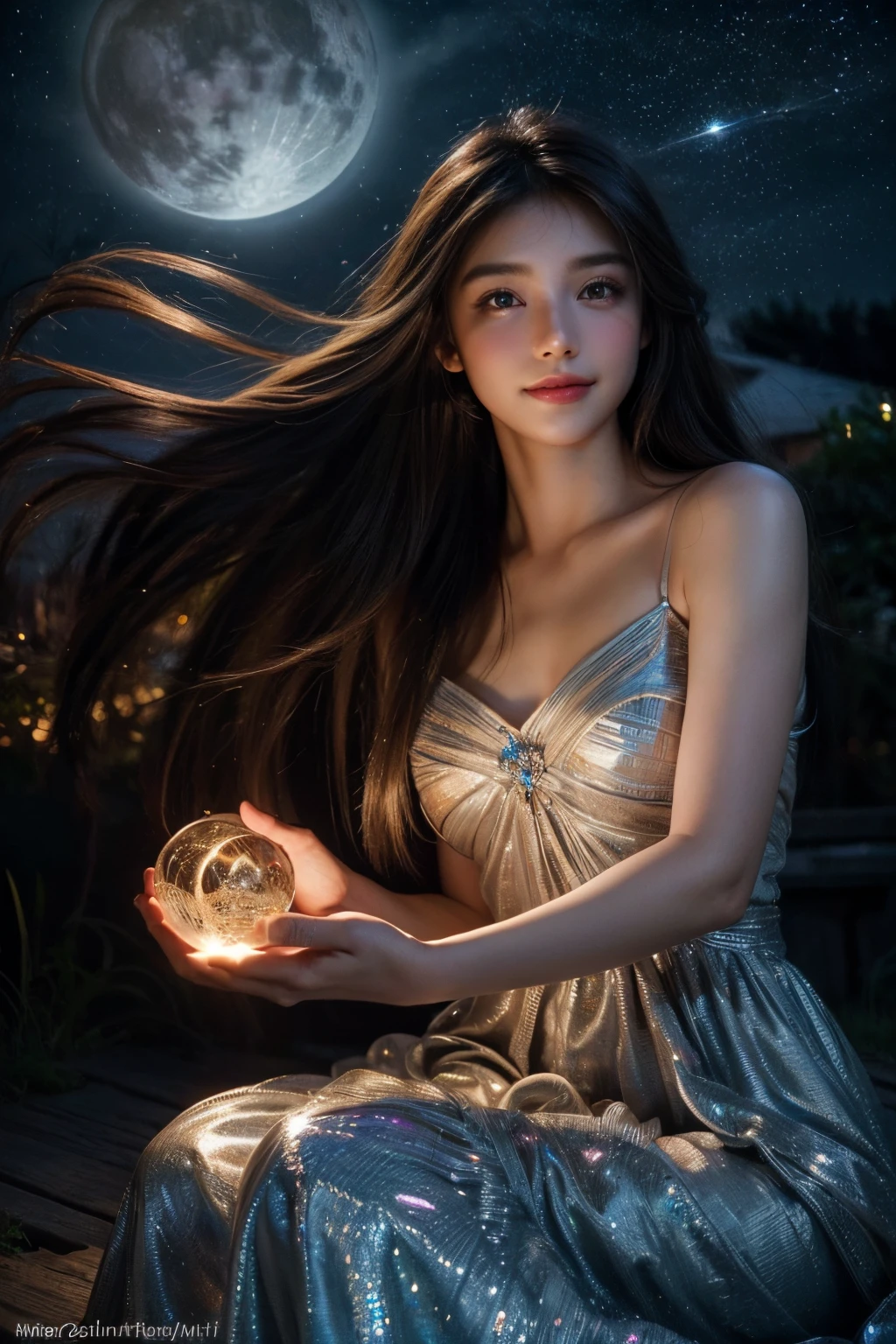 (best quality,4k,8k,highres,masterpiece:1.2),ultra-detailed,(realistic,photorealistic,photo-realistic:1.37), long hair, beautiful detailed eyes, beautiful detailed lips, extremely detailed eyes and face, bright smile, girl, stars, night sky, flowing dress, peaceful atmosphere, ethereal glow, soft lighting, dreamlike scenery, tranquil expression, serene ambiance, mystical aura, radiant beauty, captivating gaze, celestial backdrop, shimmering stars, vibrant colors, magical atmosphere, graceful posture, whimsical charm, delicate features, natural elegance, enchanting smile, moonlit night, sparkling celestial bodies, a touch of mystery, graceful movement, gentle breeze, mesmerizing presence, sparkling eyes, captivating beauty, elegant flowing hair.