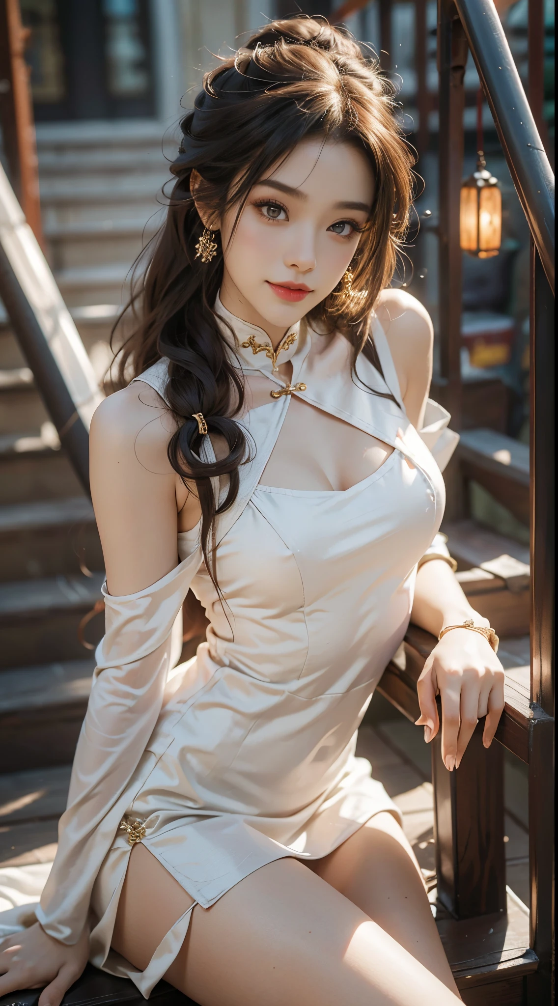 ((realistic)), a young girl, beautiful teenage girl, White cheongsam, draped in silk, cropped shoulders, slim, Slimming the waist, high-heels, Shy, grin, 耳Nipple Ring、choker necklace、Hairpins，Heavy makeup，Gorgeous eye makeup，extremely beautiful eyes, golden hair, curlies, Long flowing hair, simple backgound, Sit Pose, Stairwell, sit on stairs, Cross ed leg, Flirting skirts, posed for photo, posing elegantly, Random shooting angle, warm lights, a warm color palette, Professional lighting, フォトンマッピング, ラジオシティ, Physically-based rendering, RAW photos, Best quality, beauitful face,  Beautiful skins， Attractive， 超高分辨率， ultra real photo