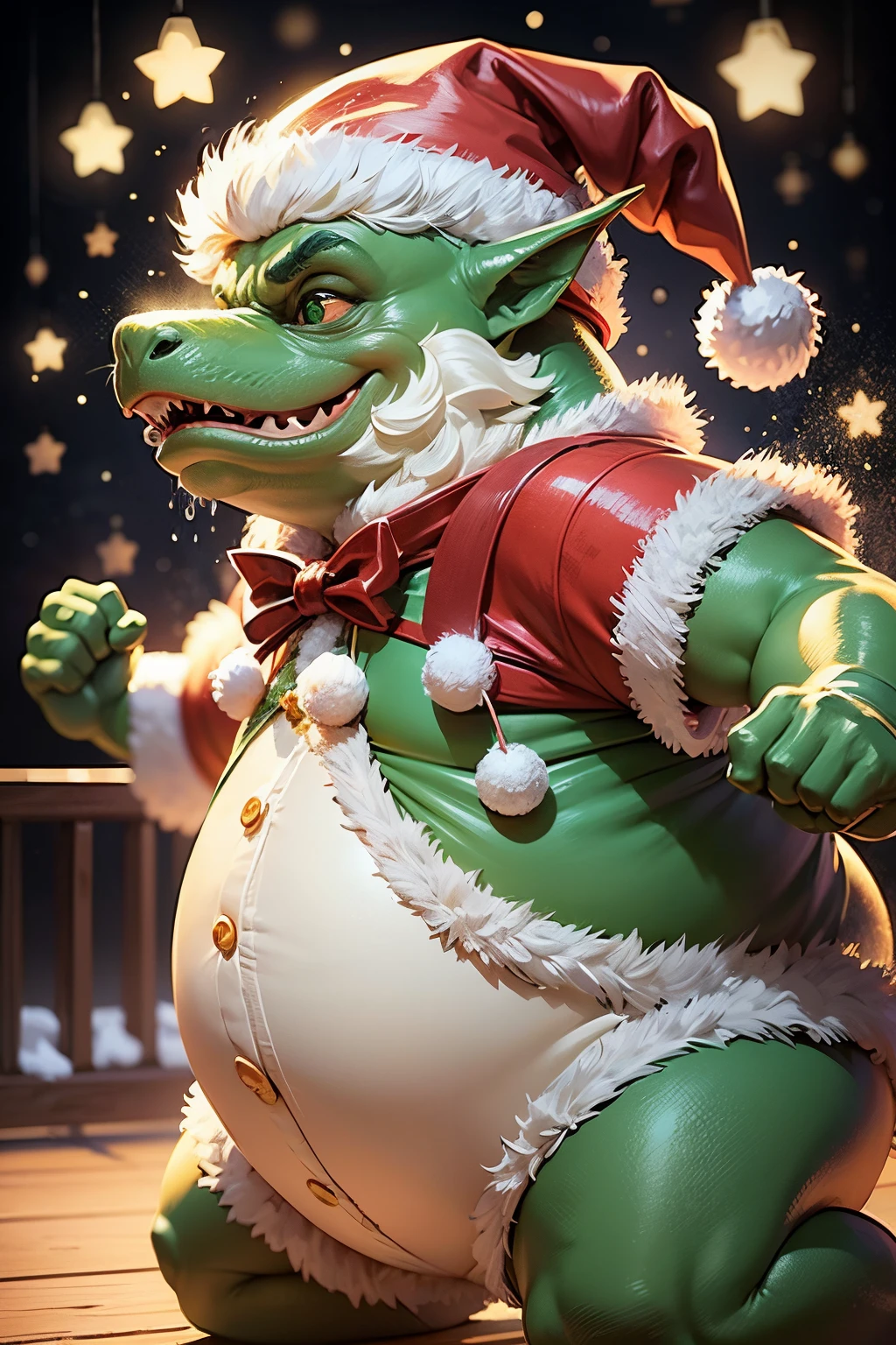 A very dynamic scene. cartoon style in 2D, insanely funny dancing fat green wood dragon, in a Santa suit with a beard and a red hat, very strong splashes around, Christmas holiday. funny cartoon, close-up. white background. --auto --s2