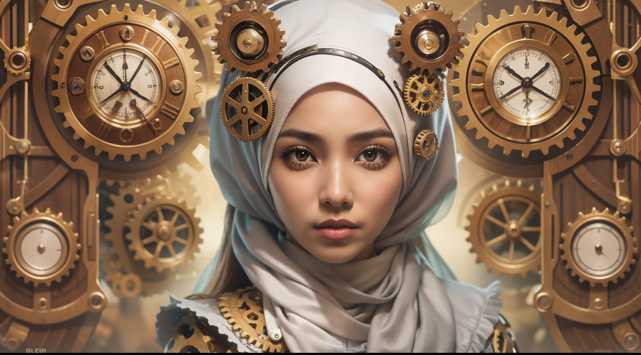 Design a steampunk-inspired portrait where the Malay woman in hijab wears a Victorian-era corset and gears-adorned attire, white hijab, surrounded by intricate steampunk machinery, symbolizing creativity and innovation,