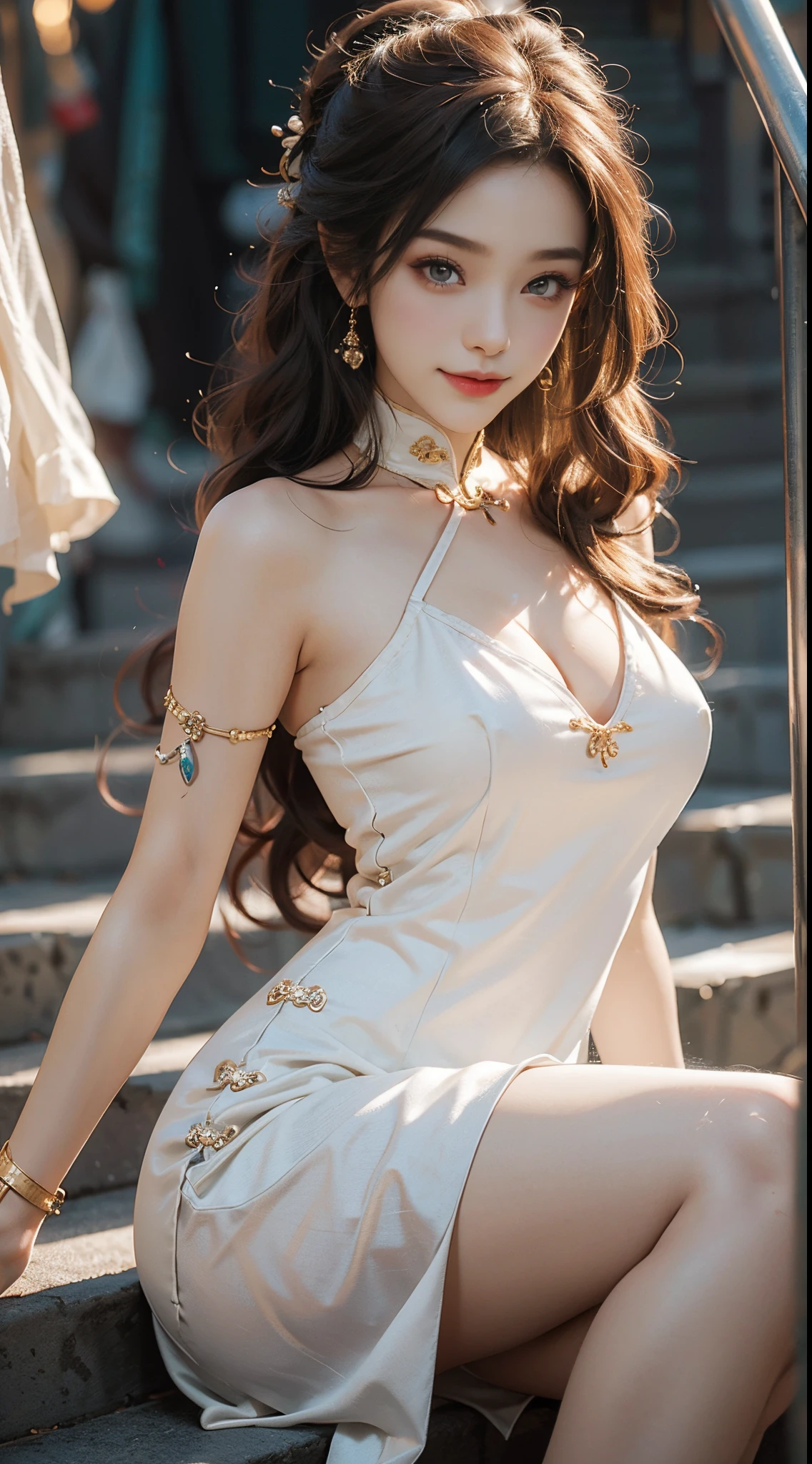 ((realistic)), a young girl, beautiful teenage girl, White cheongsam, draped in silk, cropped shoulders, slim, Slimming the waist, high-heels, Shy, grin, 耳Nipple Ring、choker necklace、Hairpins，Heavy makeup，Gorgeous eye makeup，extremely beautiful eyes, golden hair, curlies, Long flowing hair, simple backgound, Sit Pose, Stairwell, sit on stairs, Cross ed leg, Flirting skirts, posed for photo, posing elegantly, Random shooting angle, warm lights, a warm color palette, Professional lighting, フォトンマッピング, ラジオシティ, Physically-based rendering, RAW photos, Best quality, beauitful face,  Beautiful skins， Attractive， 超高分辨率， ultra real photo