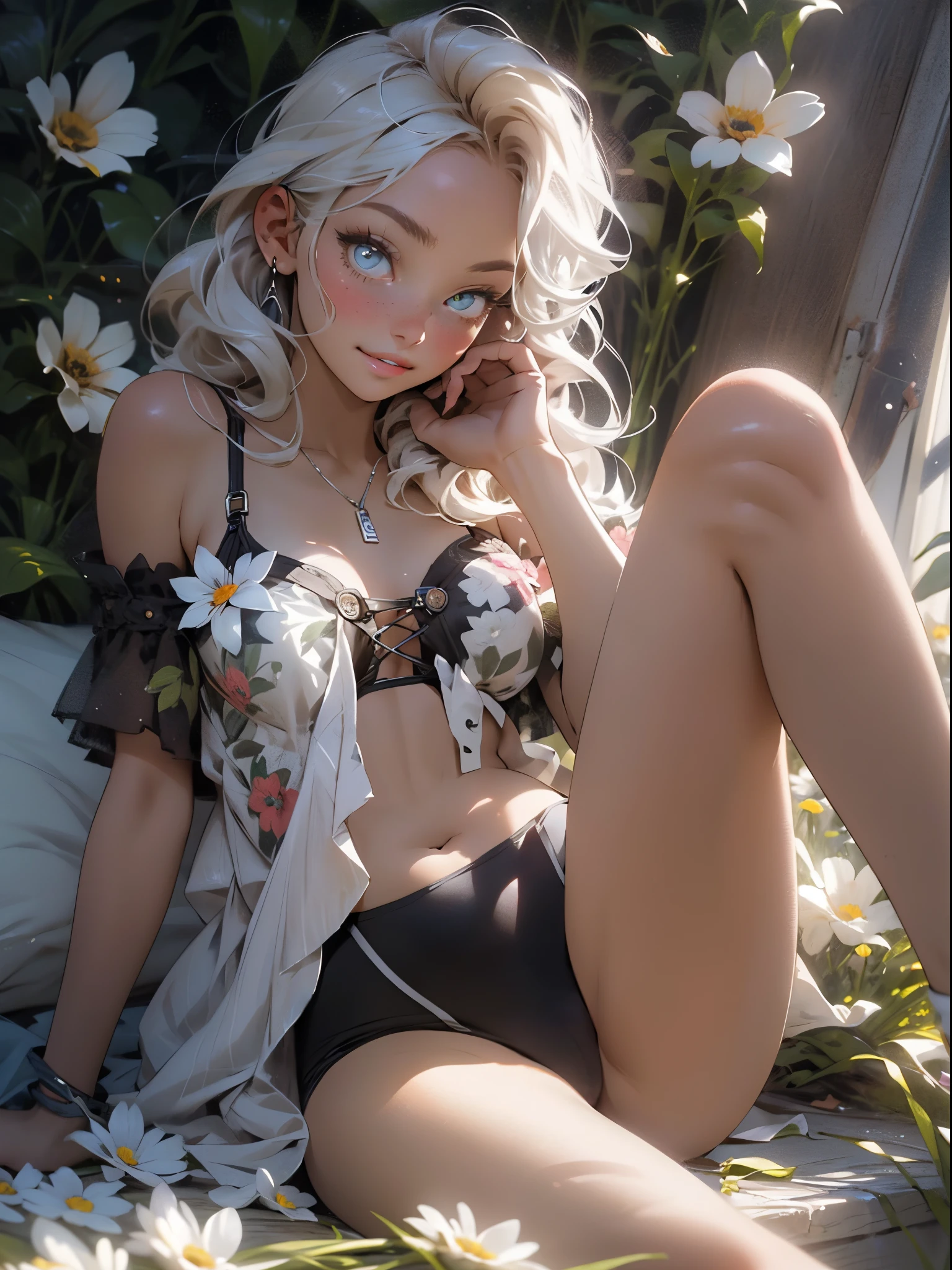 melancholy lighting, quiet, calm, brightness, masterpiece, best quality, 1girl, (JinxLol:1.2), (ultra photorealistic:1.3), (masterpiece:1.4), best quality, ((realistic)), high quality, ultra detailed, ((real image)), ((realistic skin)), ((realistic face)),(illustration:1.05), (beautiful:1.05), (beautiful detailed eyes:1.05), (cinematic light:1.1), full body, precise proportions, 18-year-old girl, skinny model lying next to the bed, hair fluttering in the wind,  tulle, long legs, feet slightly open, buttocks, blush, shyness, collarbone, abdominals, double weave, beautiful and delicate face, fair skin, real skin, (face detail), pores, super high resolution, 8k, parameters Best quality, masterpiece, super high resolution, (Realistic 2.0), More details, detailed skin, , wide smile, white teeth, voluminous hair, perfect and well-designed eyes, girlfriend, beautiful,  beautiful, flowers, studio lighting