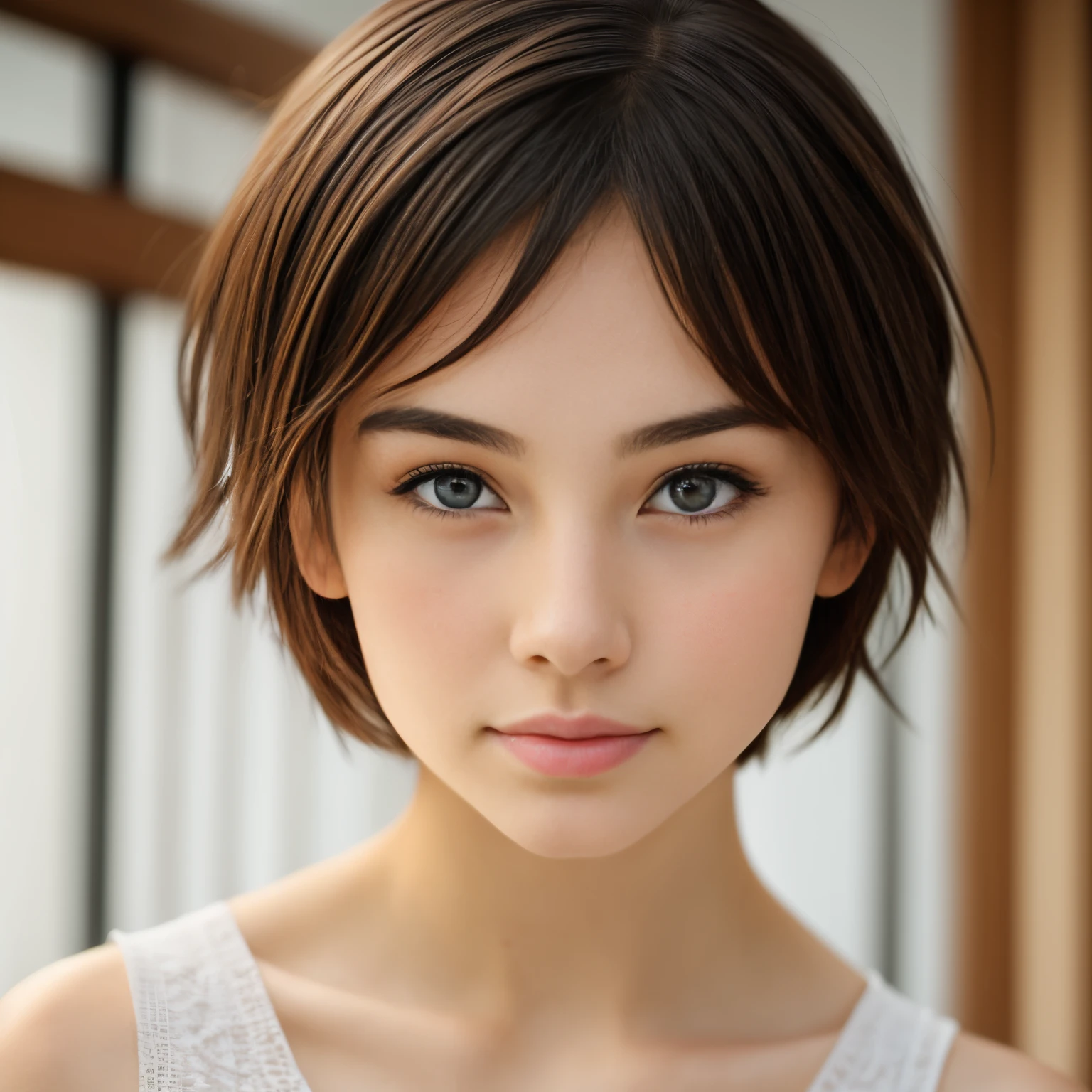 a transcendentally beautiful Irish girl who is mixed with Japanese, short hair, skinny face, smooth pale skin, bright eyes, straight nose, glossy plump lips, gentle smile, pure and innocent, very neat, intelligent and elegant, pretty and gorgeous, attractive and charming
