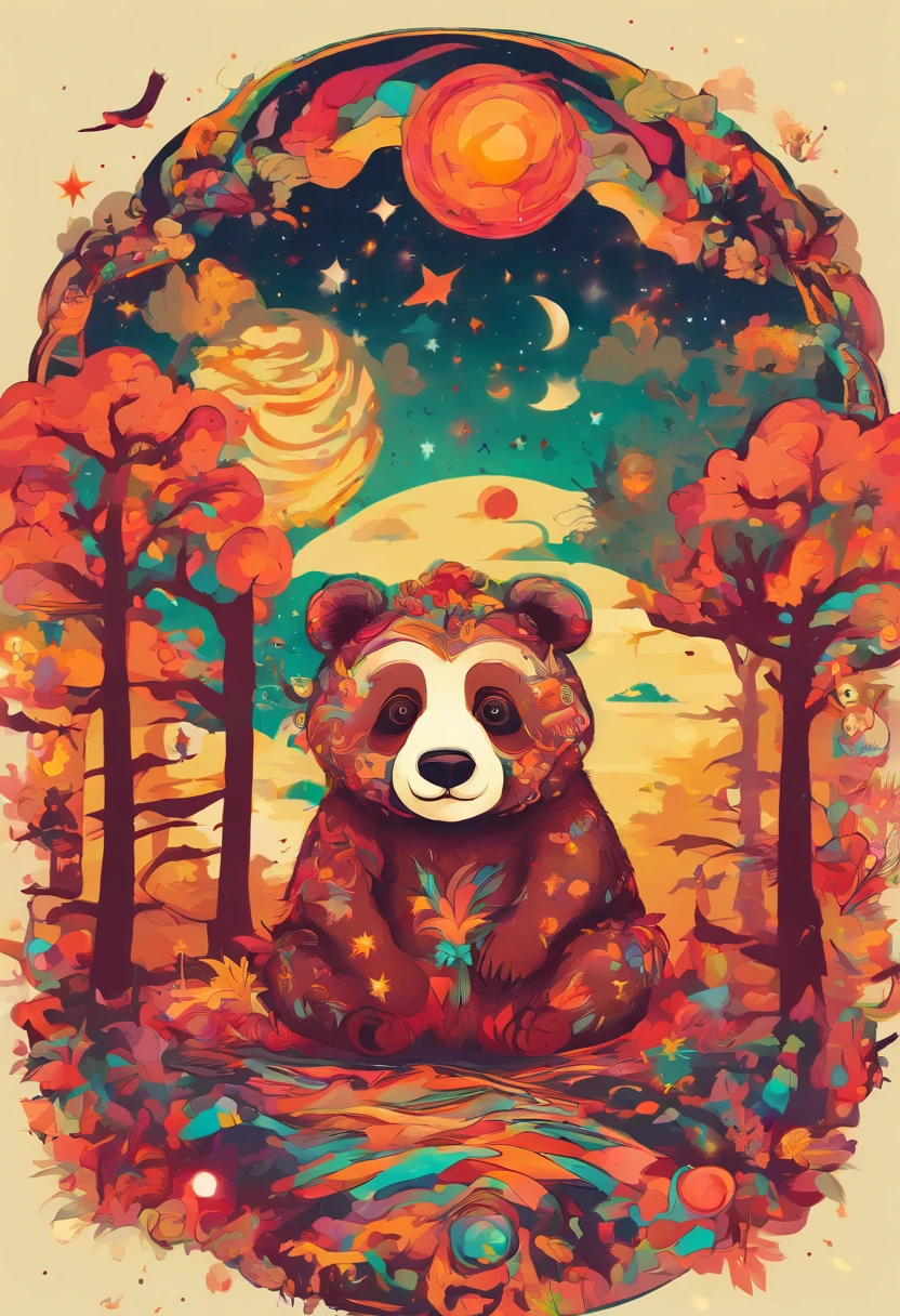 Starry sky with clouds and trees Warm colored moon with reddish-brown panda bear as the main character