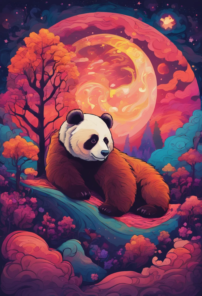 Starry sky with clouds and trees Warm colored moon with reddish-brown panda bear as the main character