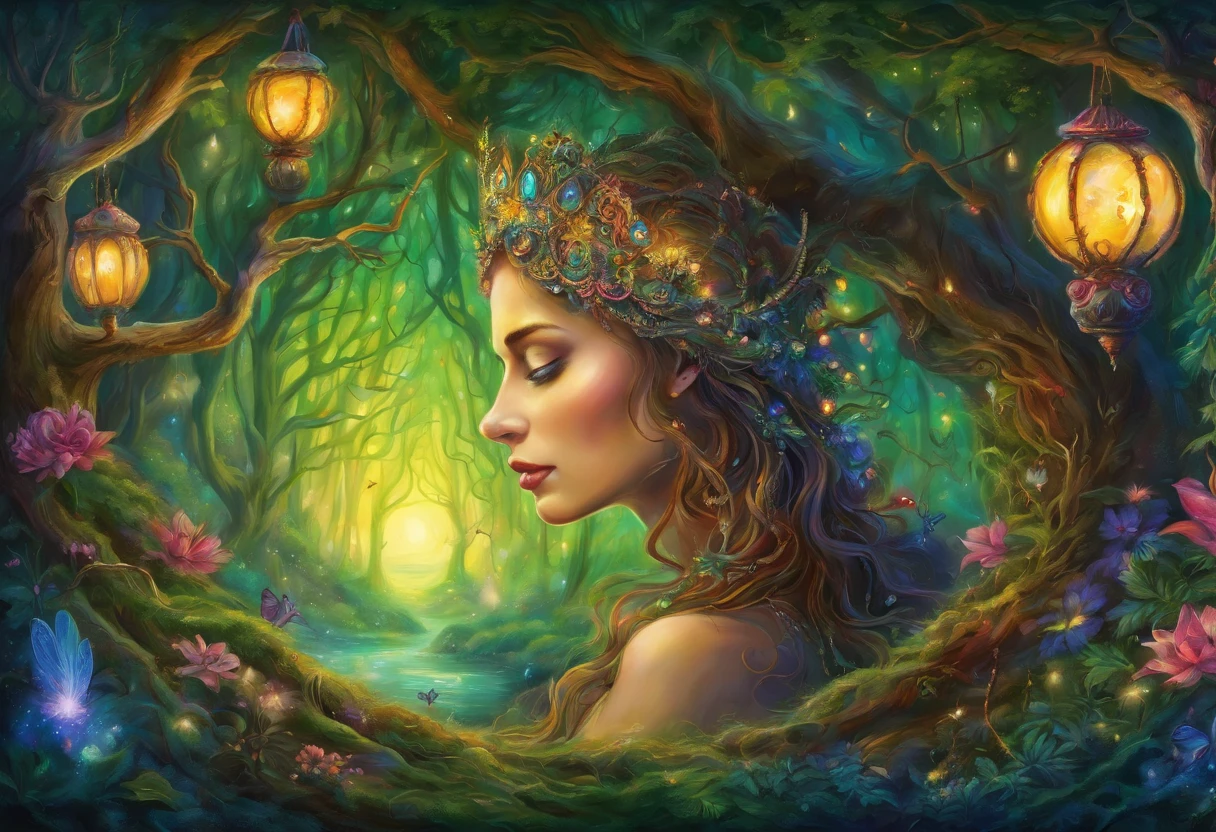 a drawing,A woman sitting in the forest with a lantern, There are a lot of elves next door,feels like a dream,enchanted magical fantasy forest, An enchanted forest, Psychedelic Forest, intricate fantasy painting, Fantasy Art Realistic Painting, fantasy painting, magical fantasy forest, fairy tale forest, An enchanted forest, magic fairy forest, fantasy oil canvas, magic fantasy highly detailed, fantasy forest, Inspired by Josephine Wall, Fantasy very detailed