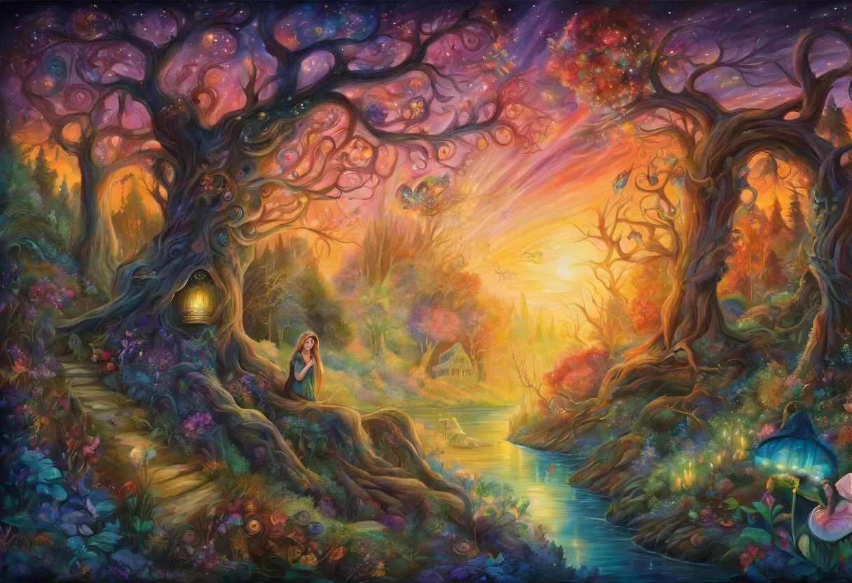 a drawing，A woman sitting in the forest with a lantern, There are a lot of elves next door，feels like a dream，enchanted magical fantasy forest, An enchanted forest, Psychedelic Forest, intricate fantasy painting, Fantasy Art Realistic Painting, fantasy painting, magical fantasy forest, fairy tale forest, An enchanted forest, magic fairy forest, fantasy oil canvas, magic fantasy highly detailed, fantasy forest, Inspired by Josephine Wall, Fantasy very detailed