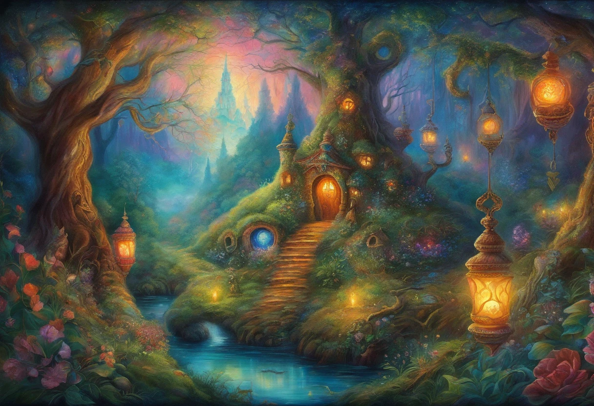 a drawing，A woman sitting in the forest with a lantern, There are a lot of elves next door，feels like a dream，enchanted magical fantasy forest, An enchanted forest, Psychedelic Forest, intricate fantasy painting, Fantasy Art Realistic Painting, fantasy painting, magical fantasy forest, fairy tale forest, An enchanted forest, magic fairy forest, fantasy oil canvas, magic fantasy highly detailed, fantasy forest, Inspired by Josephine Wall, Fantasy very detailed
