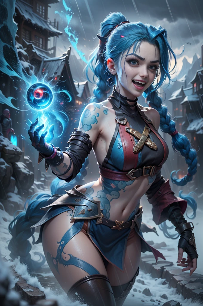 (Long-range shooting: 1.5), jinx \(league of legends\), (1girl，League of Legends Jinx)，(Scarlet eyes: 1.2, crazy laughter, Blue double ponytail hair: 1.5)，Kungfu，Wearing Doctor Strange costume，(Holding a particle laser cannon in hand，a revolver)，Aoshu crystal, Attack status，(Snowy mountain woods，surrounded by rain，League of Legends Game World)，Illustration style，The whole body is exposed to the rain for a long time，(exquisite facial features，Perfect hand features)，martial arts style，(Selective focusing，full body shot of，tmasterpiece，ultra - detailed，Epic work，highest  quality，8k，panorama, first-person view, atmospheric perspective, UHD, masterpiece, ccurate, anatomically correct, textured skin, high details, award winning, best quality), jinxlol