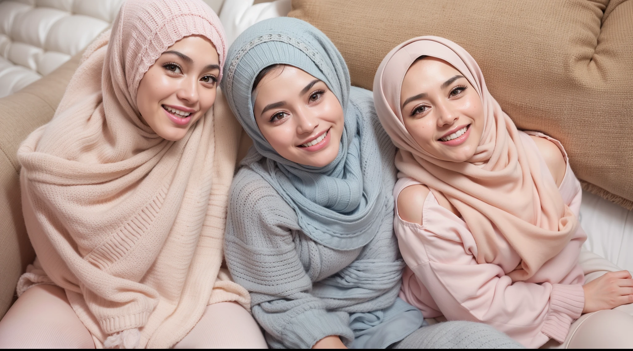 3 malay girls, (happy smile, laughing: 1.3), 8k, RAW portrait of malay girls with pompom plain hijab, 80mm, ultra high resolution, top quality, wear knitted pyjamas, top view, (looking up at the viewer from below), big, modern grey pastel living room, bed, sitting on fluffy couch with many big cute pillow, many cute pillow, break (natural skin texture, detailed skin, hyper-realism, super sharpness), intricate details, high resolution, natural light, cheerful environment, bright lighting, high quality, ultra detail, 8k, extreme close up shot, pastel color grading, bokeh,