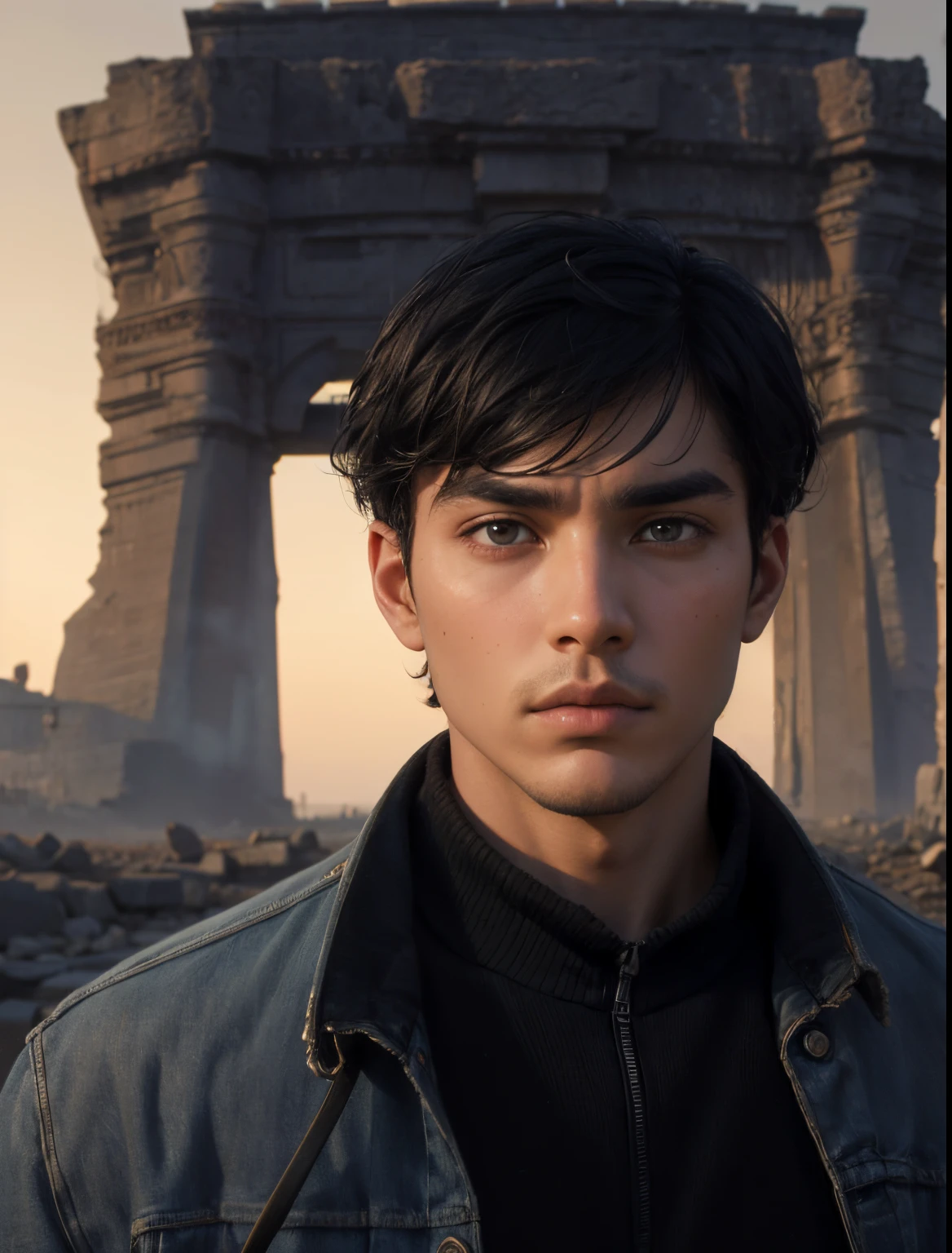 Late twenties.A man stands in front of a megalithic civilization with a grim expression looking at the camera. Wearing a jacket and jeans. Short black hair. Beautiful double eyes. The bridge of my nose. Well-shaped lips.
