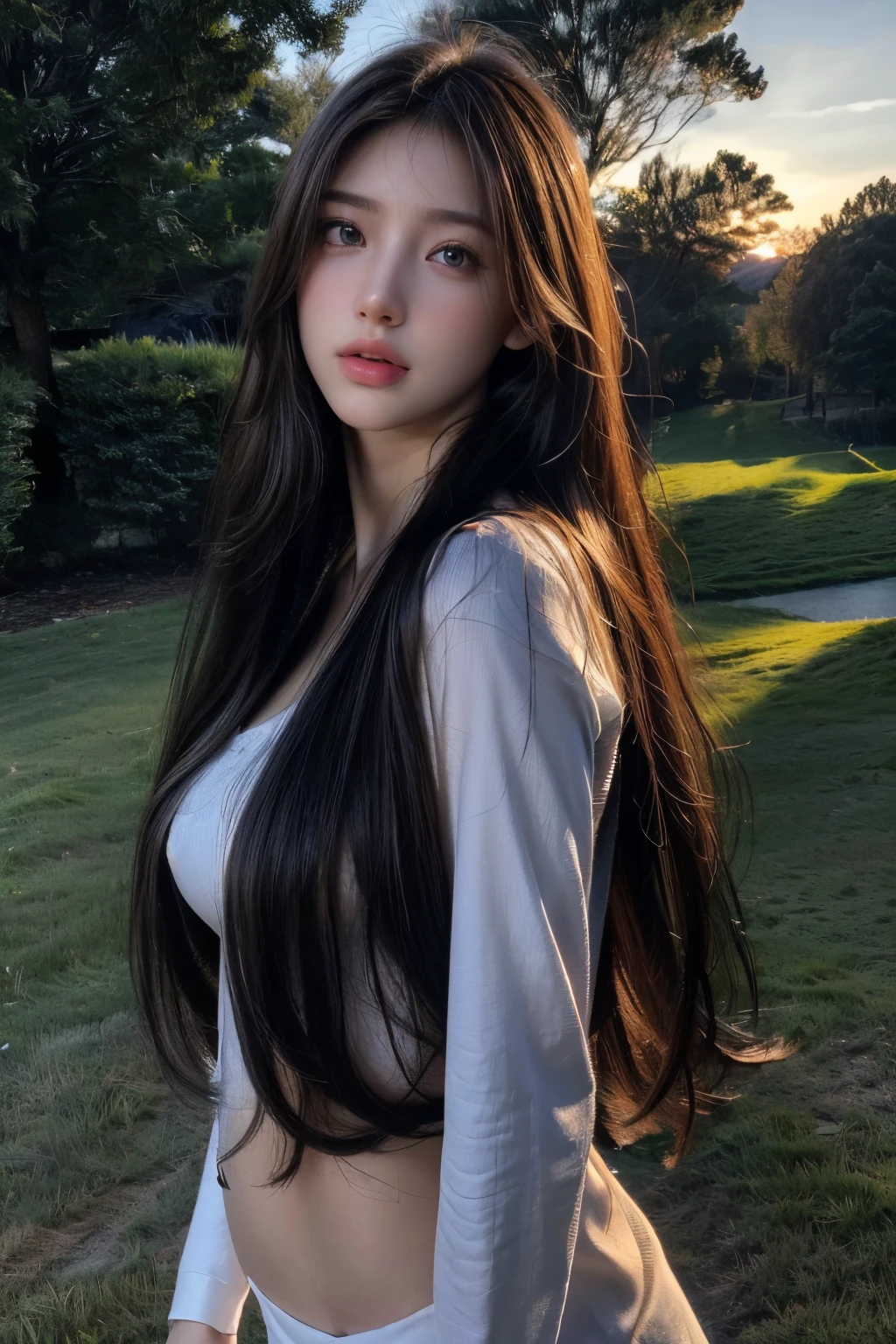 (best quality,4k,8k,highres,masterpiece:1.2),ultra-detailed,(realistic,photorealistic,photo-realistic:1.37),girl,star-filled sky,half-body portrait,slender figure,long flowing hair,non-revealing attire,deep gaze,serene expression,dreamy atmosphere,silhouette of trees in the background,vivid colors and contrasts,natural lighting