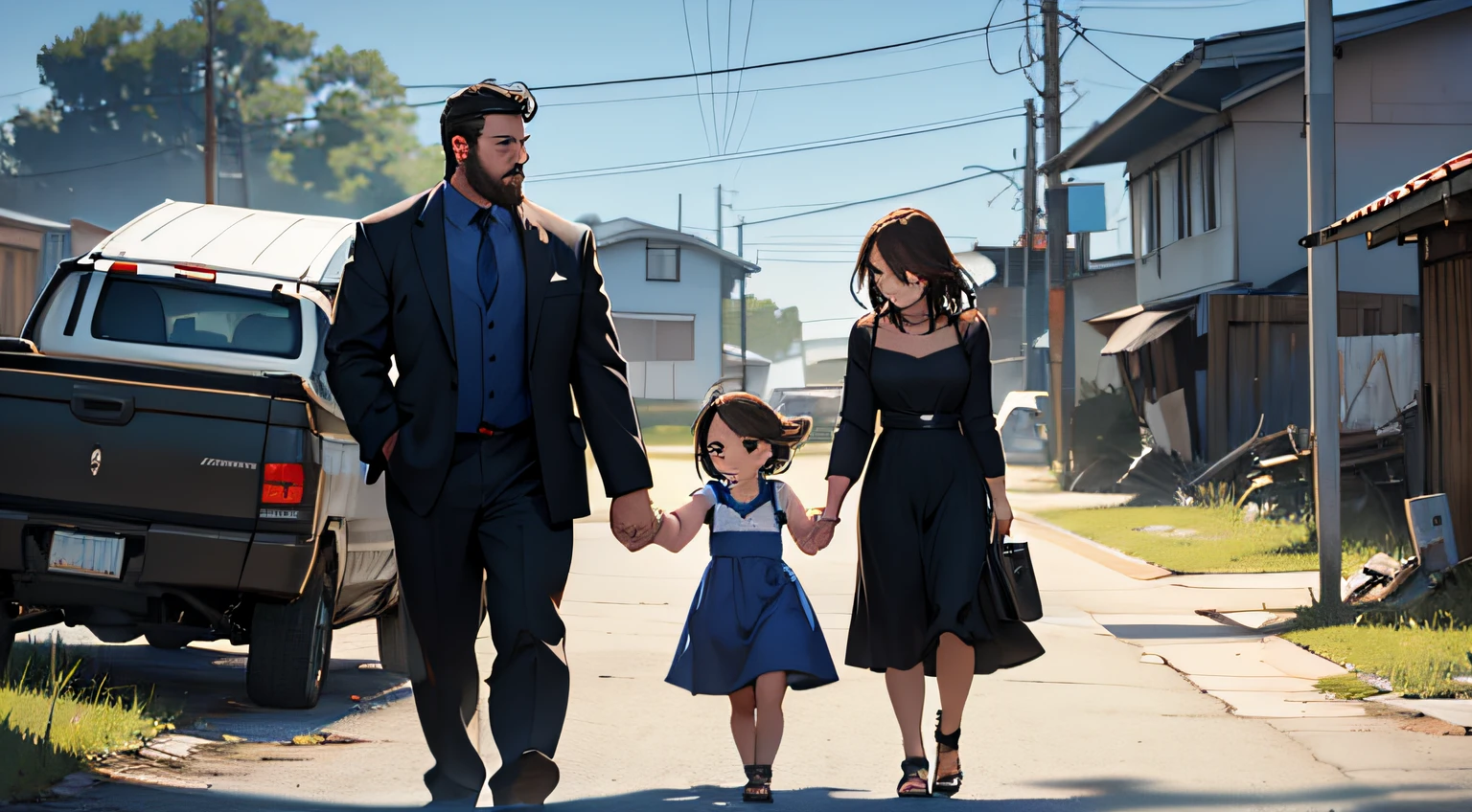 create the image of a family: a businessman, with short black hair and beard, and is wearing a blue suit. Her wife, a young woman with brown hair, wearing a dress, holding hands with her daughter, a 10-year-old girl. the man who is standing in front of a gray hilux truck, and they are in a parking lot, in a scenario that resembles the devastation of a war.