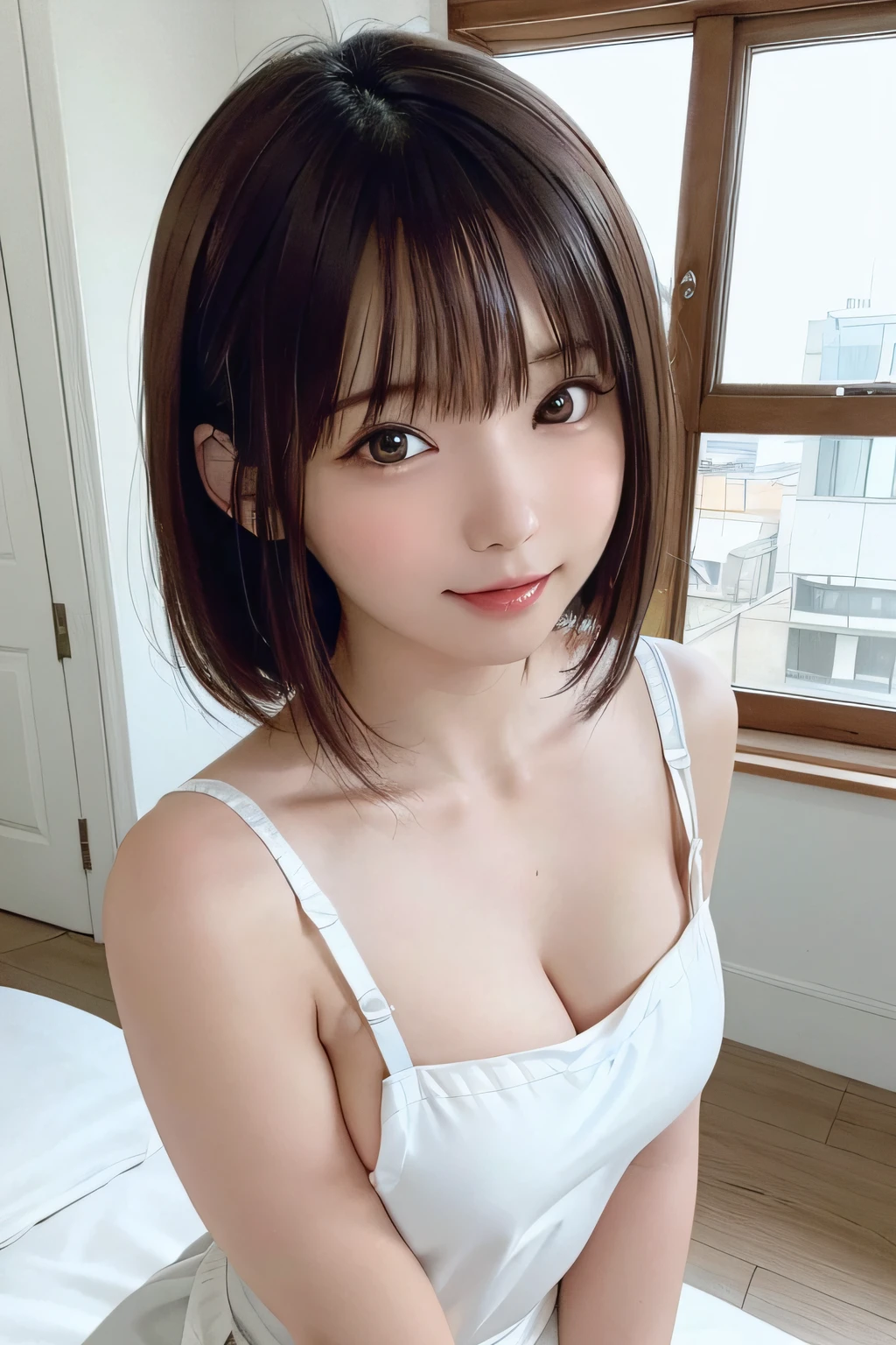 (top-quality、​masterpiece)、White background、blurry backround、1girl in、a beauty girl、Shyness、red blush、超A high resolution、Beautie、cute little、独奏、A Japanese Lady。**** student、hi-school girl、A smile。Beautiful young woman model。bright expression、photorealisim、Extraordinary beautiful girl、Beautiful expression、(pureerosface)、Glowing white shiny skin、Light Brown Straight Hair、finer hair、Attractive beautiful brown eyes、Double eyelids、flat chest、fashionGirl。cuisine、barechested、NAKED Apron、Wearing an apron、Close-up portrait。Healthy face。Skin Care Cosmetics、profetional lighting, depth of fields、model shoot tyle,