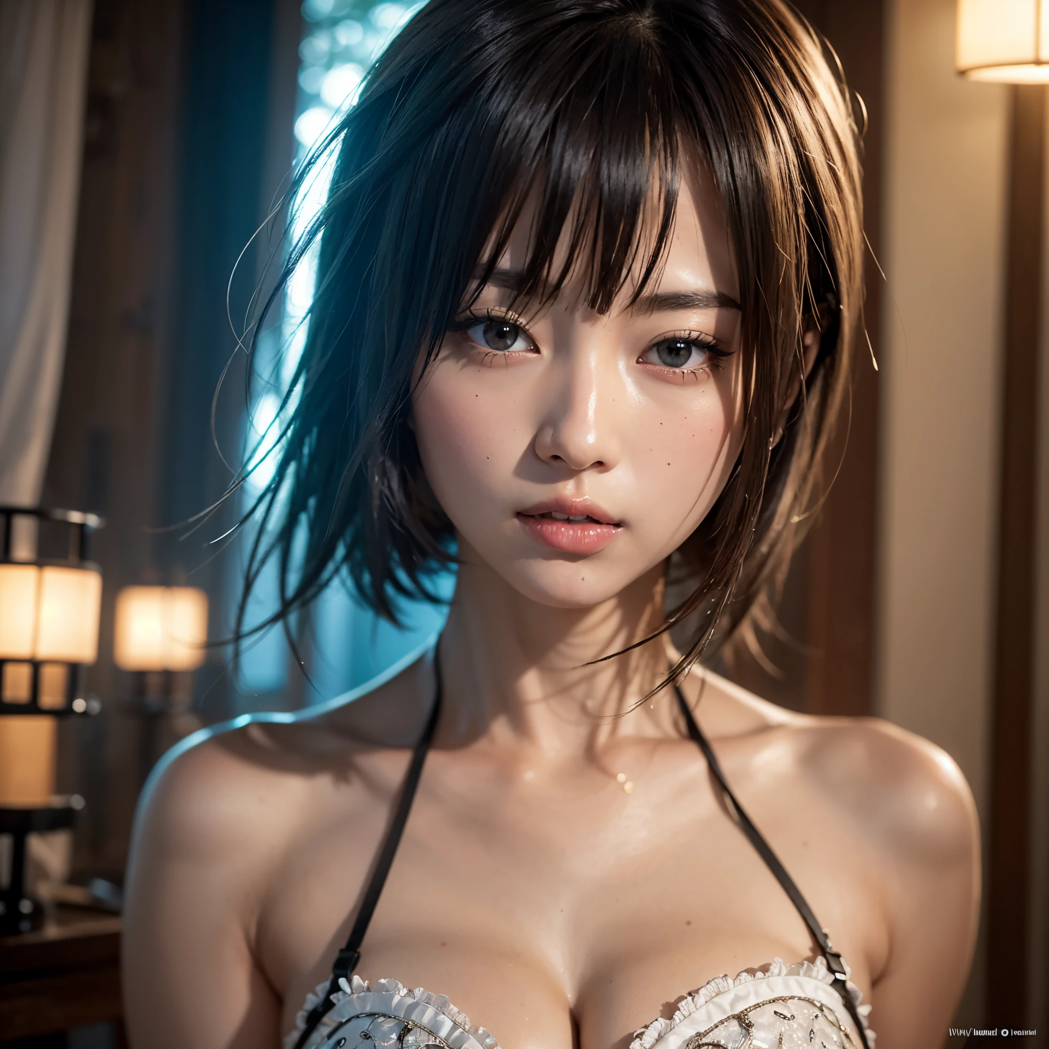 (White and vivid colors), (sexy Japanese tiny idol), ((face variations)), portrayed in the best quality and high resolution. The image should be ultra-detailed, realistic, and photorealistic with a touch of rawness. The lighting should be emphasized to bring out the details of the face. The medium can be a combination of photography and concept art. The color tone should be vibrant and vivid, enhancing the overall visual impact.