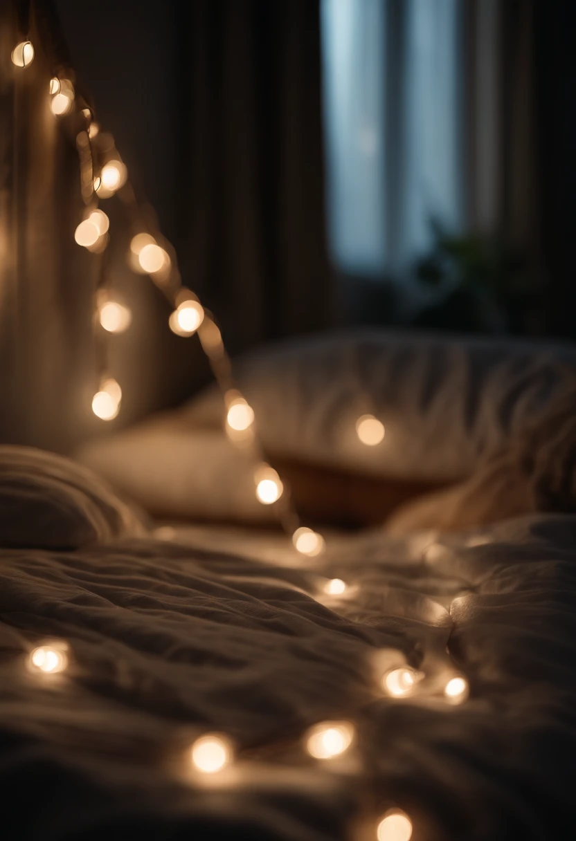 An aesthetic image of string lights delicately draped across a bedroom, casting a soft and dreamy glow, perfect for creating a cozy and magical retreat during the holiday season.