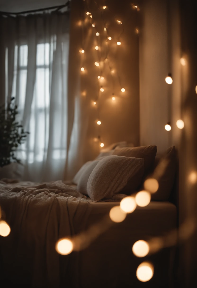 An aesthetic image of string lights delicately draped across a bedroom, casting a soft and dreamy glow, perfect for creating a cozy and magical retreat during the holiday season.