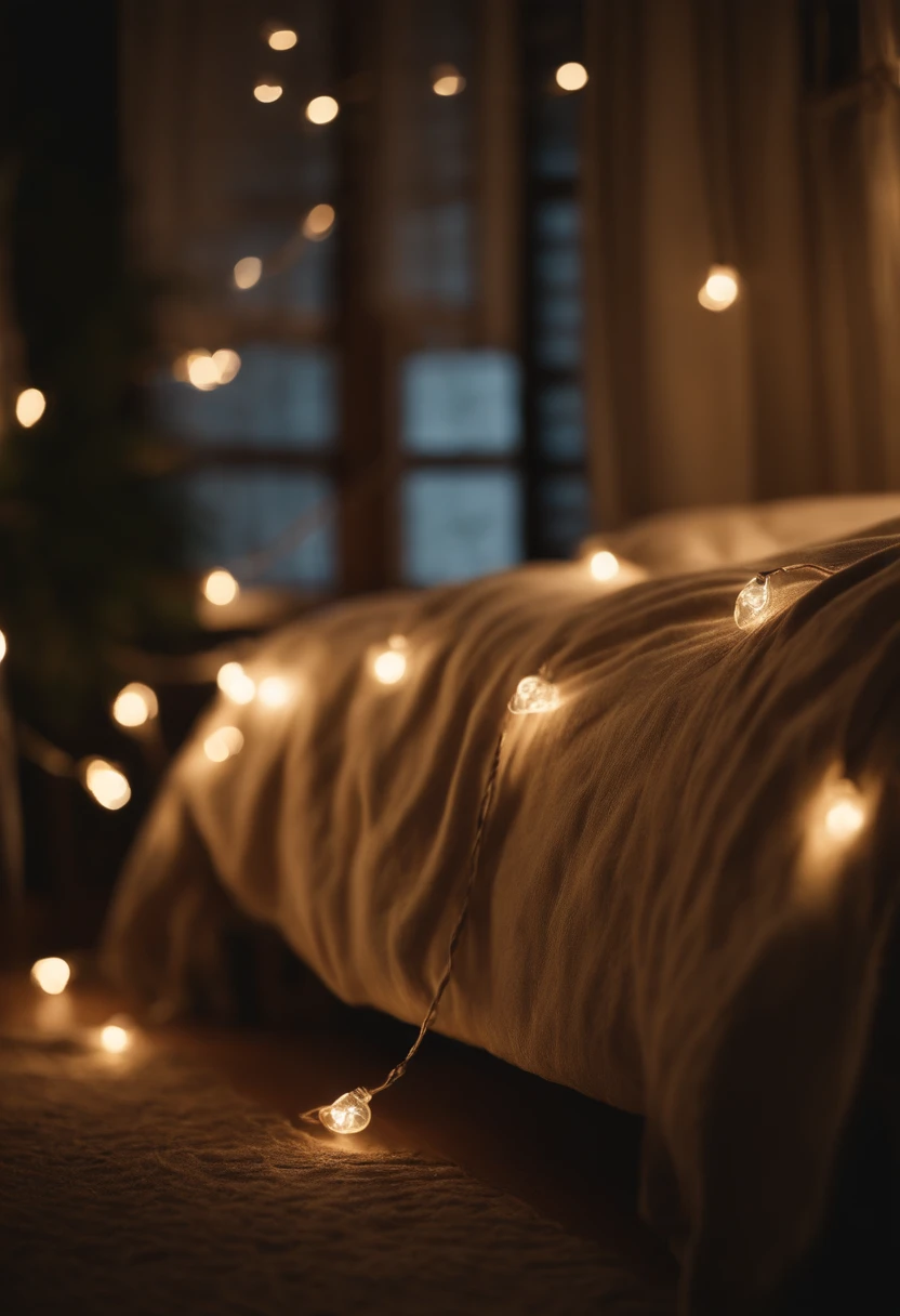 An aesthetic image of string lights delicately draped across a bedroom, casting a soft and dreamy glow, perfect for creating a cozy and magical retreat during the holiday season.