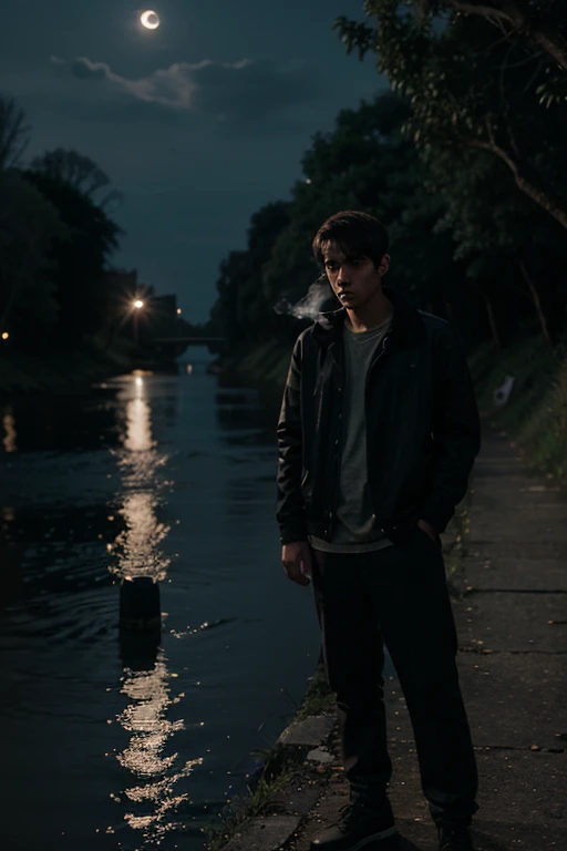A depressed boy, standing beside a river, smoking guy, moonlight night