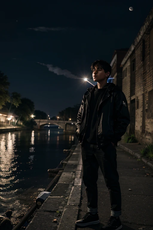 A depressed boy, standing beside a river, smoking guy, moonlight night