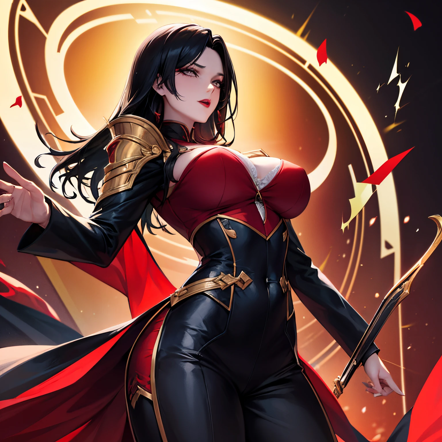 Woman, shoulder-length black hair with blonde front strands, bard official suit, red lipstick, dynamic pose