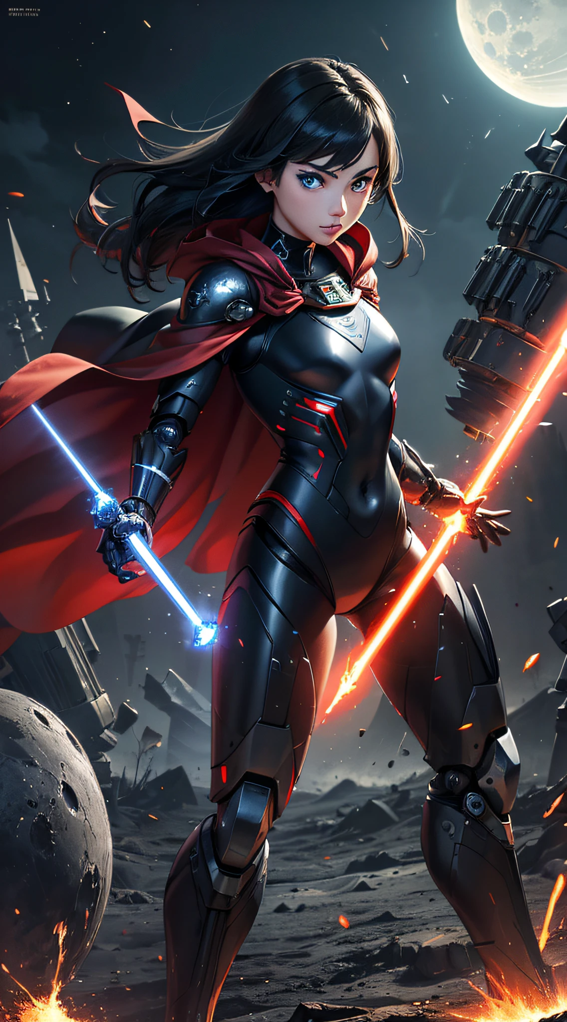 top-quality、Top image quality、masterpiece、hiquality、Beautiful Art、masutepiece、visualart、depth of fields、male people((in her 20s、well-muscled、Black and red bodysuit、Shout、Laser sword dual wielding、Glowing chest、mechanical cloak、blue eyess、Planktonic)),Background with((Lunar base、battle field、Humanoid robot destroyed),